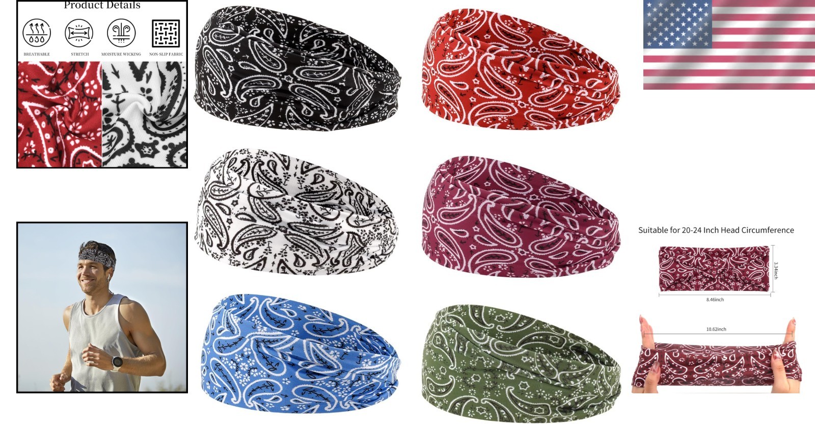 6Pcs Headbands Paisley Bandanas Head Bands Sweat Band Hair Wrap Headwrap Fashion