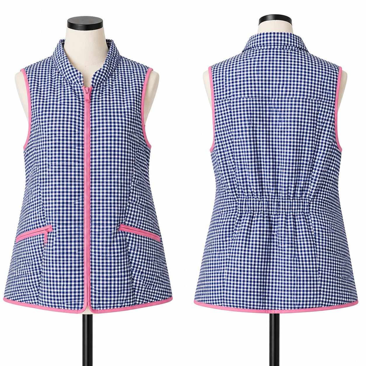 NWT Women’s TALBOTS Quilted Blue White Gingham Puffer Vest Jacket Lightweight L