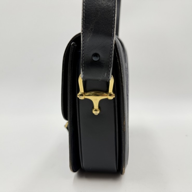 CELINE Sulky C Macadam Vintage Shoulder Bag Navy Canvas and Leather Gold-ton…