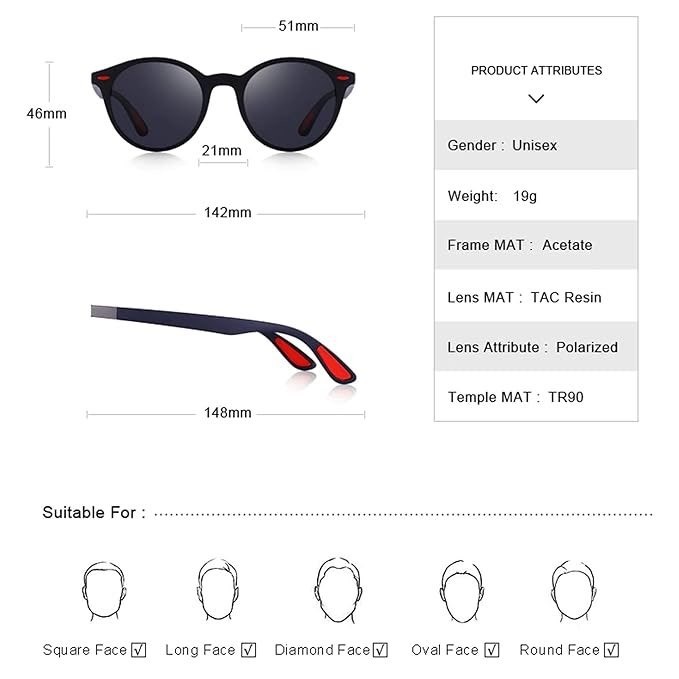 Polarized Round Sunglasses Matte Gray Acetate Frame TAC Resin Lenses Lentes 2026