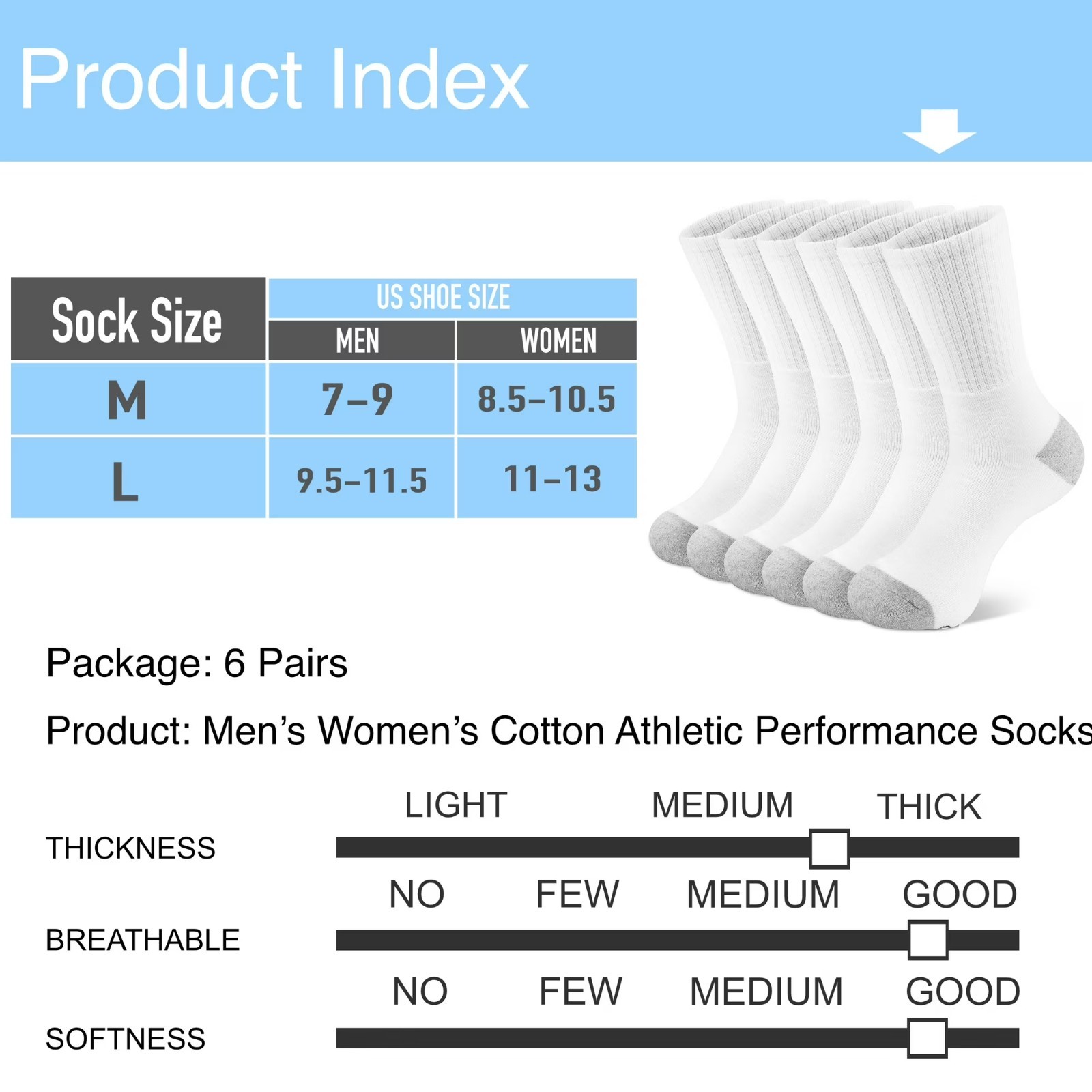 6 Pack Men’s Cotton Crew Socks Cushioned Breathable Work & Athletic Socks