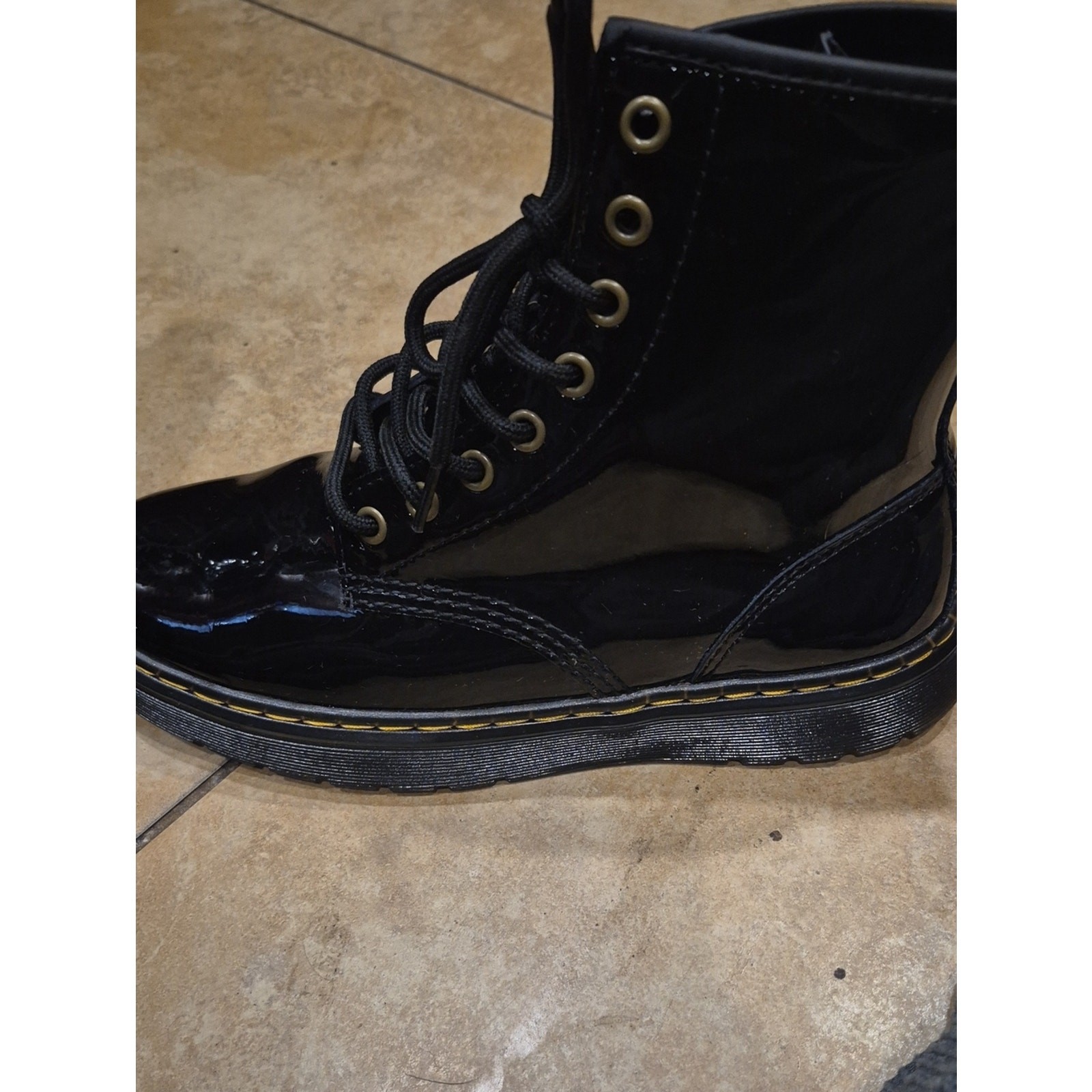 Dr. Martens Black Patent Leather Lace-Up Boots with Yellow Stitching