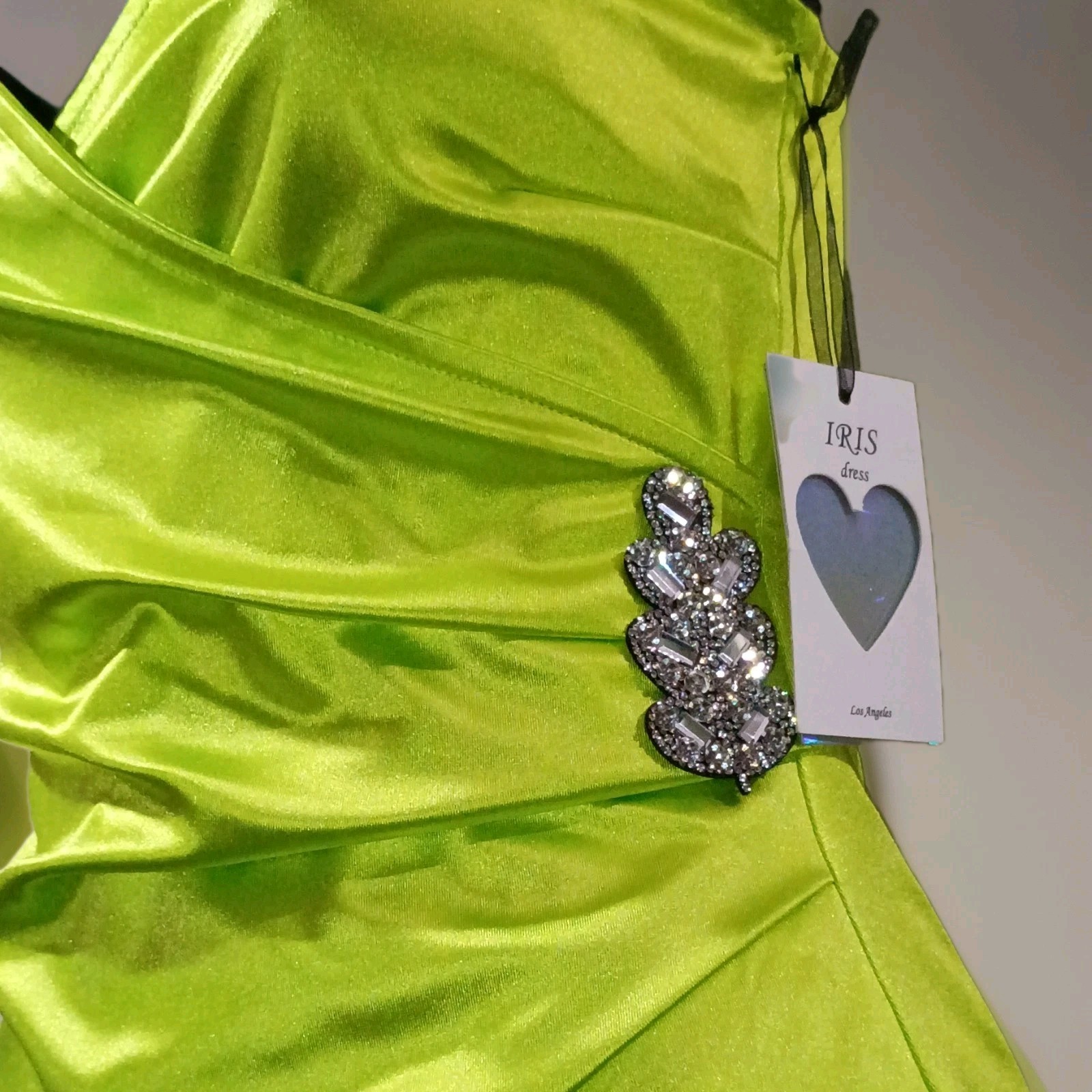 IRIS Slip Dress Green Satin V-Neck Spaghetti Straps Asymmetric Rhinestone S