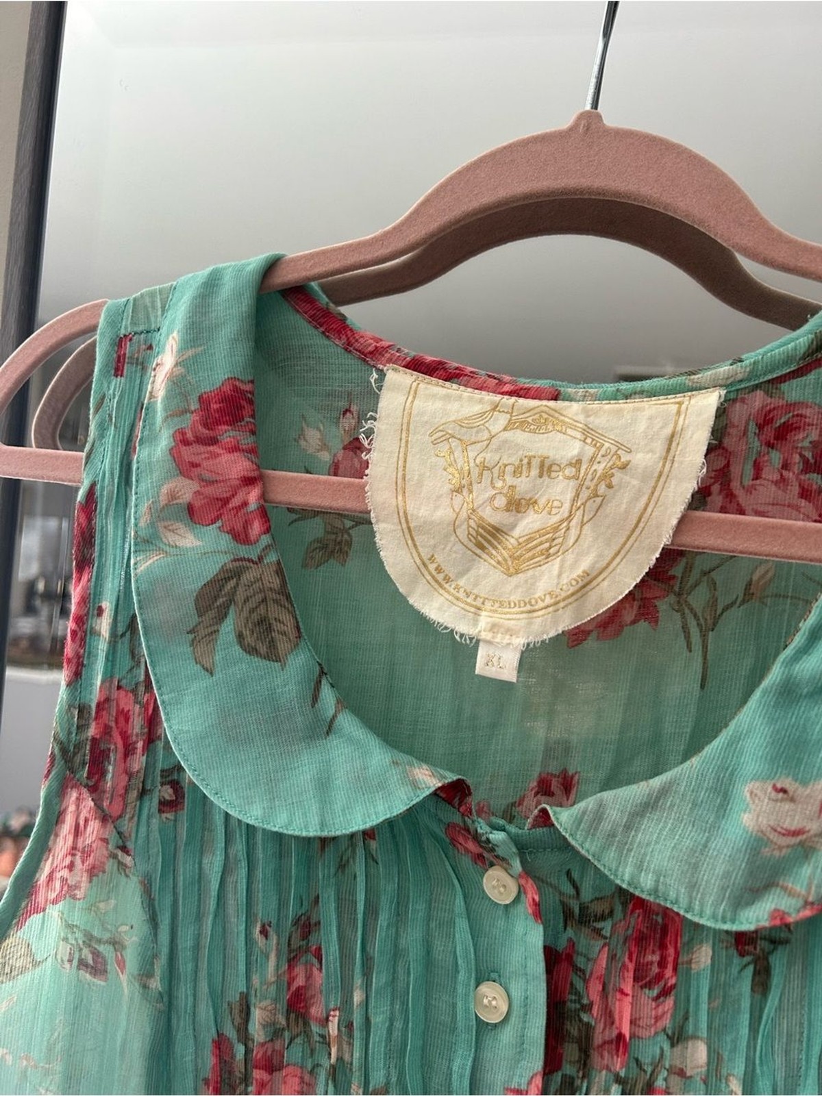 Knitted Dove 100% Cotton Womens Floral Mint Green Peter Pan Collar Dress Size XL