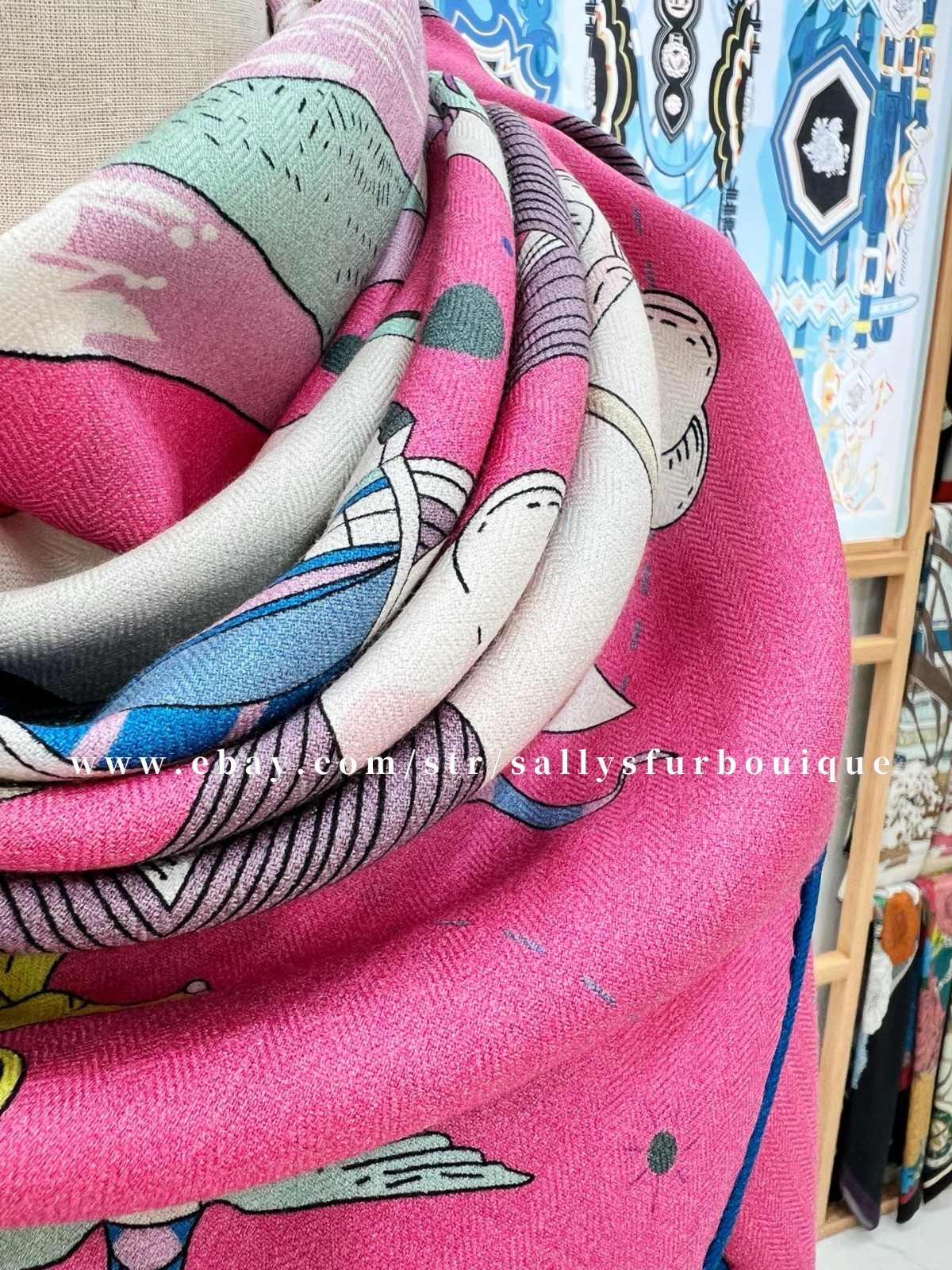 Sallys 70% Cashmere & 30% Silk Wrap Scarf Boat Print Double Face Shawl 53″ Pink