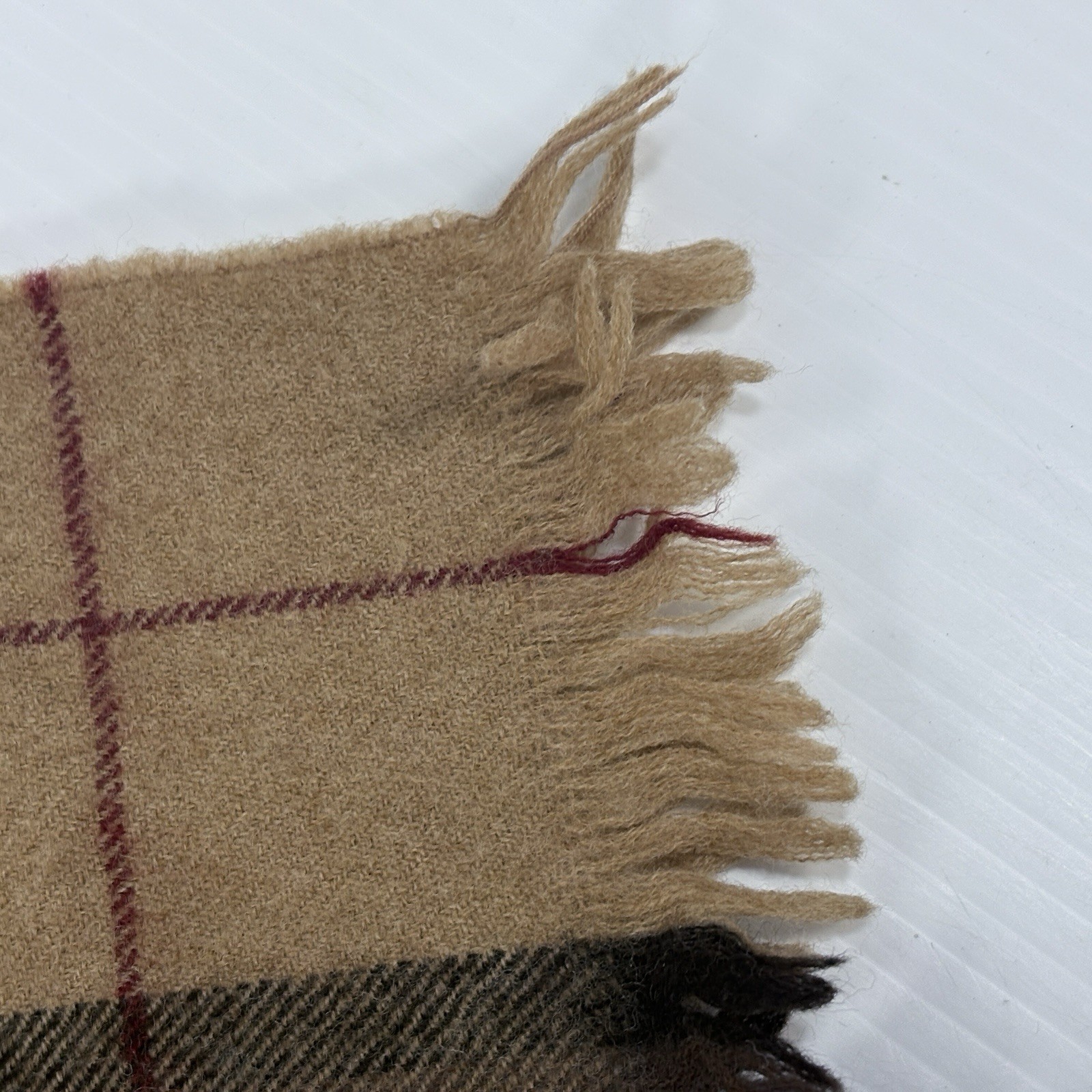 Plaid Wool Scarf Unisex 48 inches x 10 inches Tan Beige White Black Red Fringe