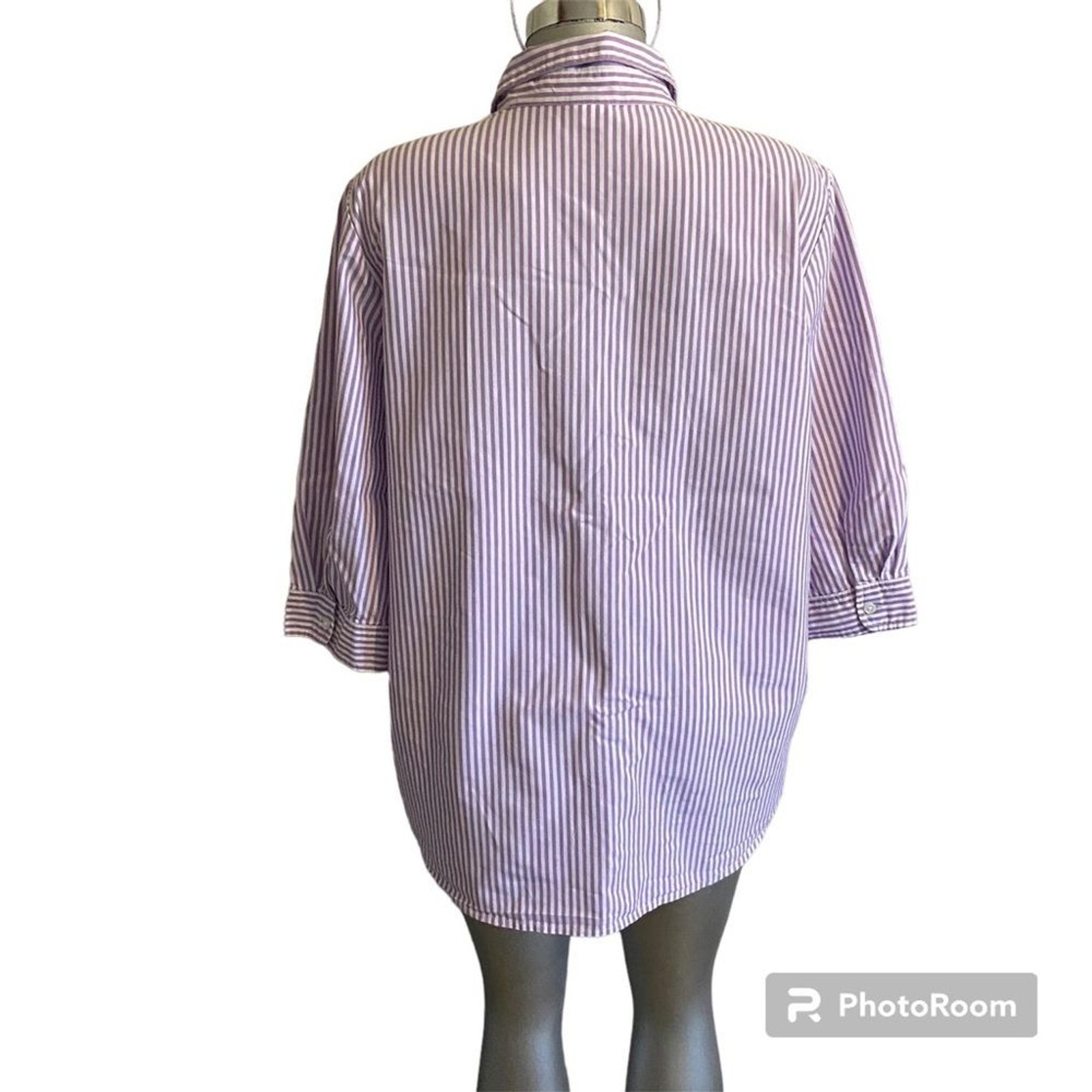 Blair Cat Pinstriped Shirt 3/4 Sleeve Oversized XL Lavender Kitty Leaves Teacher