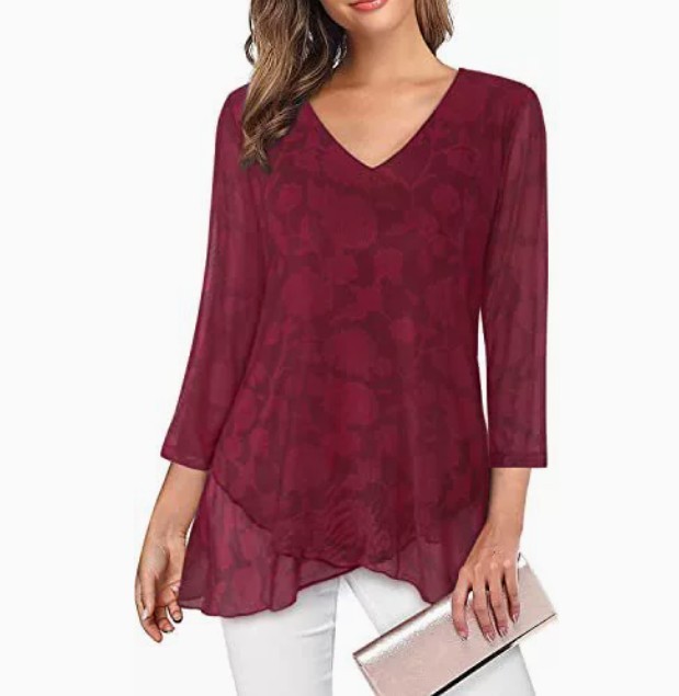 Women’s Asymmetrical Hem Mesh Blouse 3/4 Sleeve V Neck Tunic
