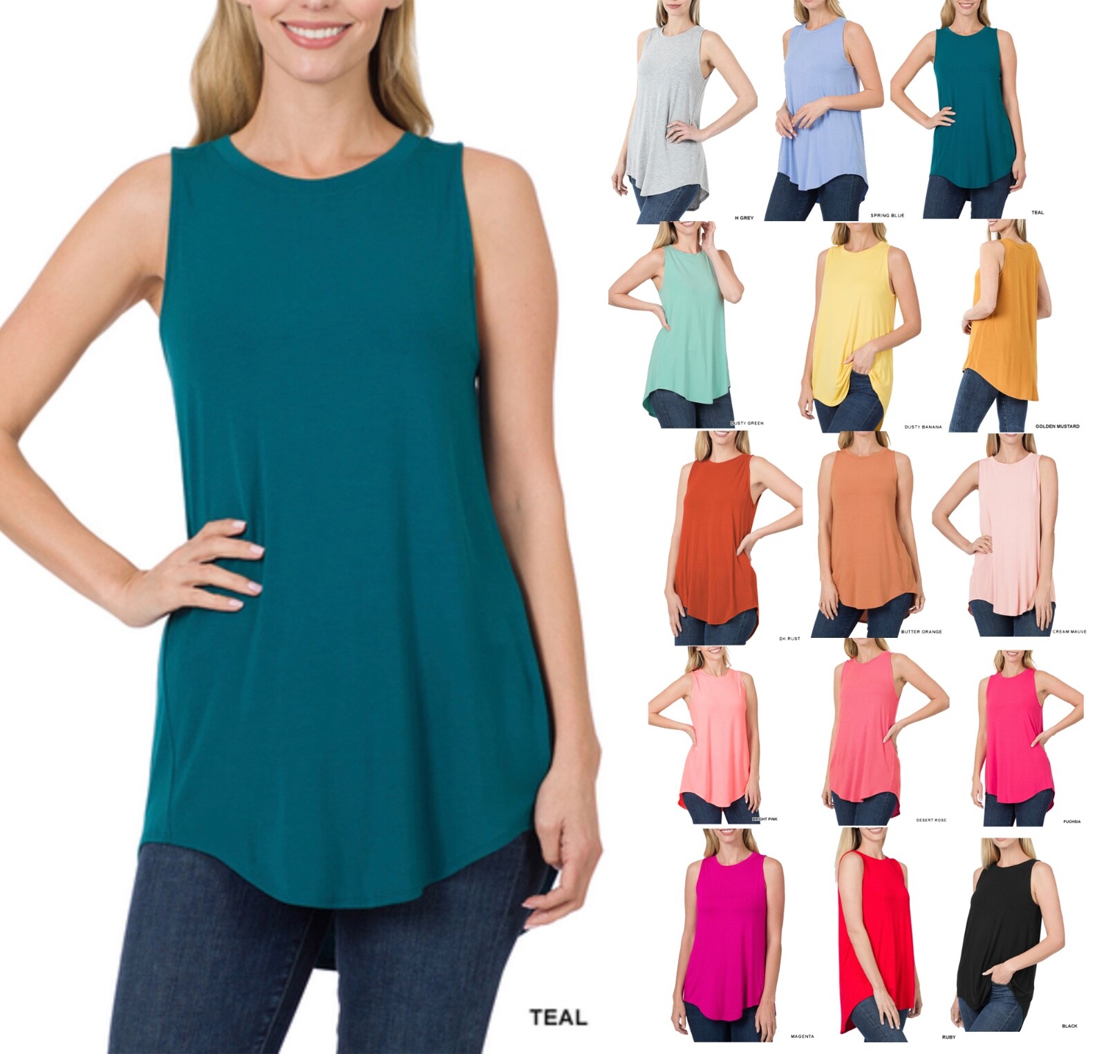 ZENANA 5536 Sleeveless Round Neck Tunic Tank top Hi-Lo Hem Sizes S M L XL