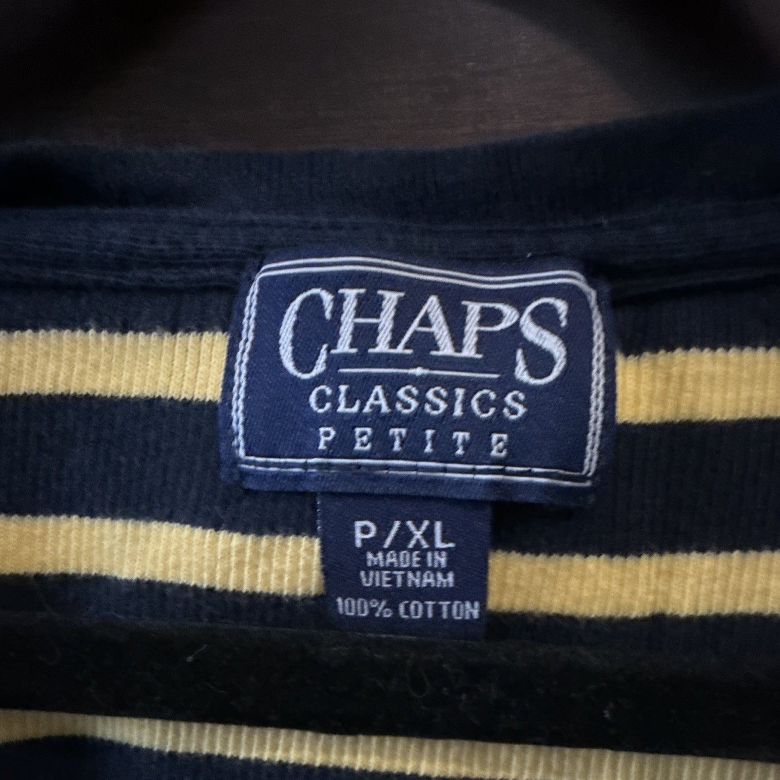 Chaps Classics Women’s Petite P/XL Navy Yellow Striped Scoop Neck Cotton Tee