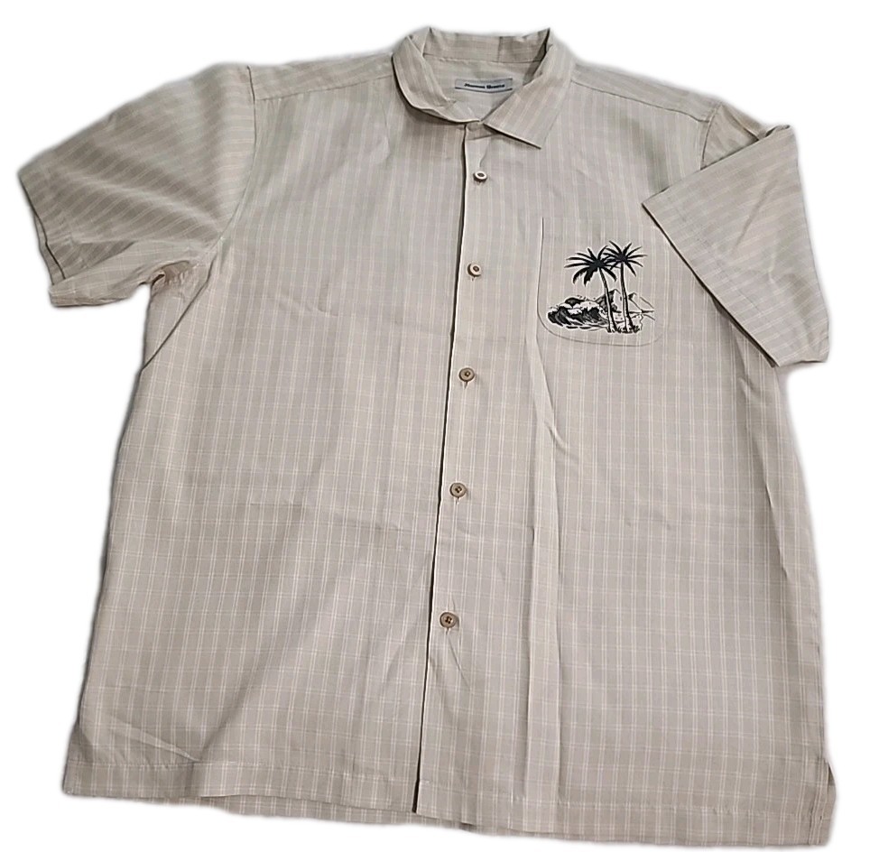 Havana Breeze Men’s L Beige White Plaid Beach Party Hawaiian Aloha Shirt Cruise