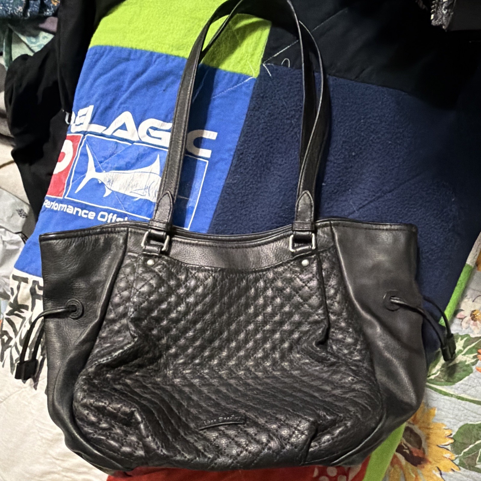 Vera Bradley Black Quilted Shoulder Bag Detachable Strap Silver Hardware Pockets