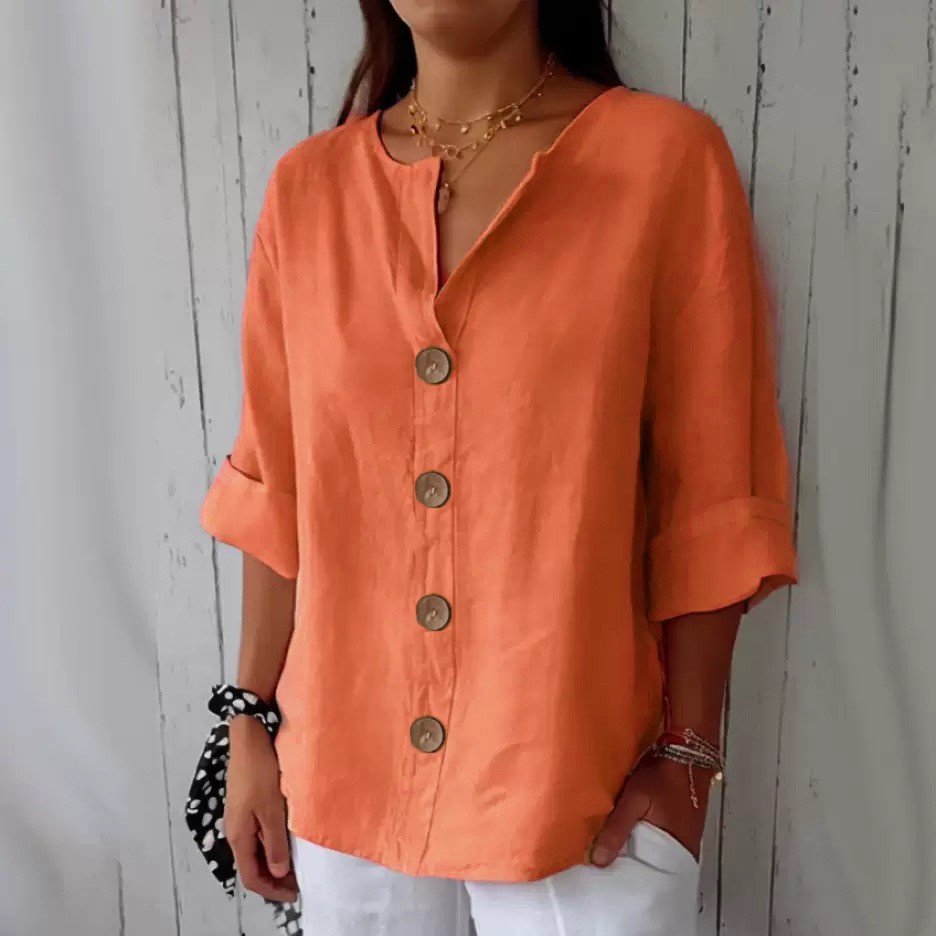 Loose-fit Women’s V-neck Cotton-Linen Button T-shirt Top