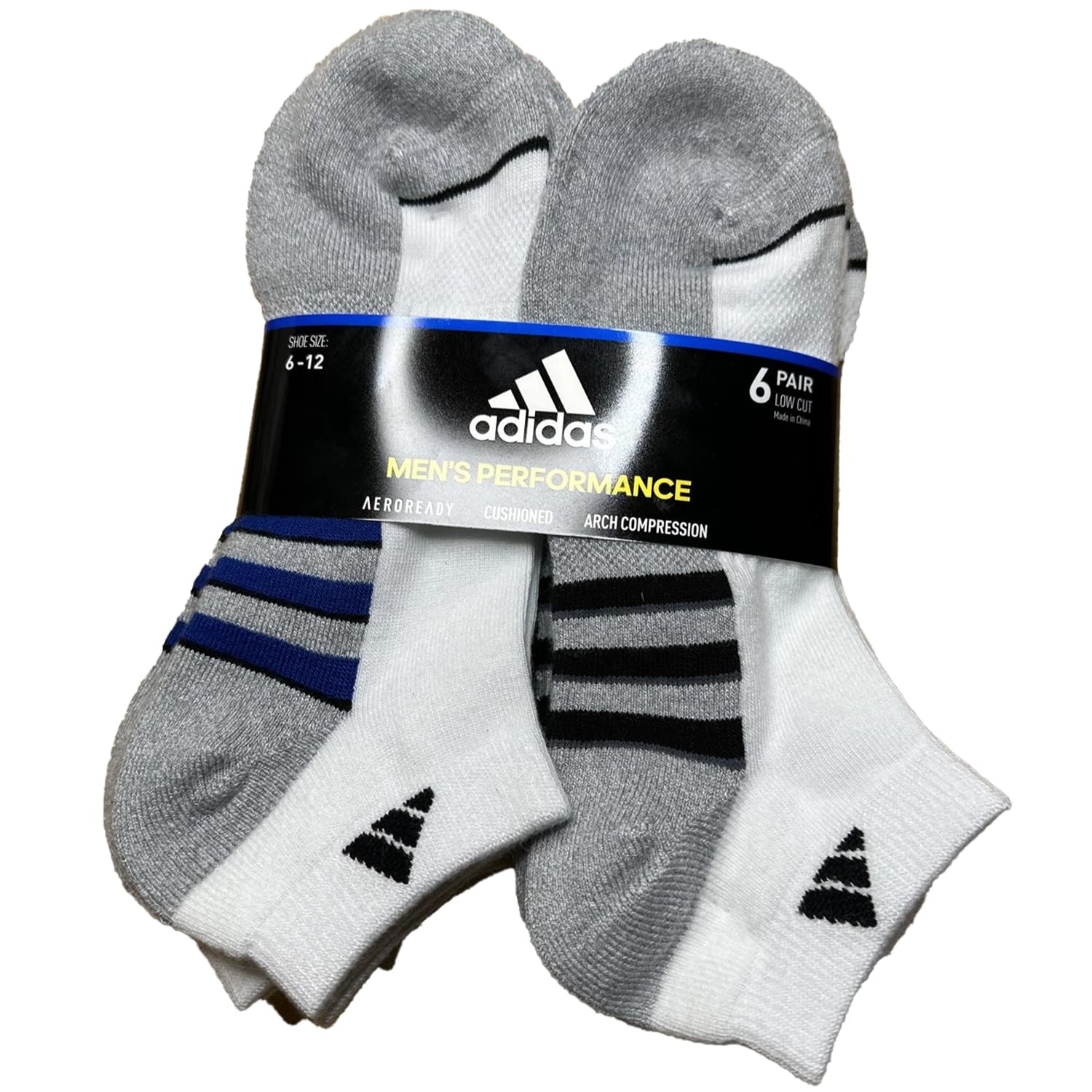 Adidas Aeroready Cushioned Low Cut Socks 6 Pair White Black Blue Men’s Size 6-12