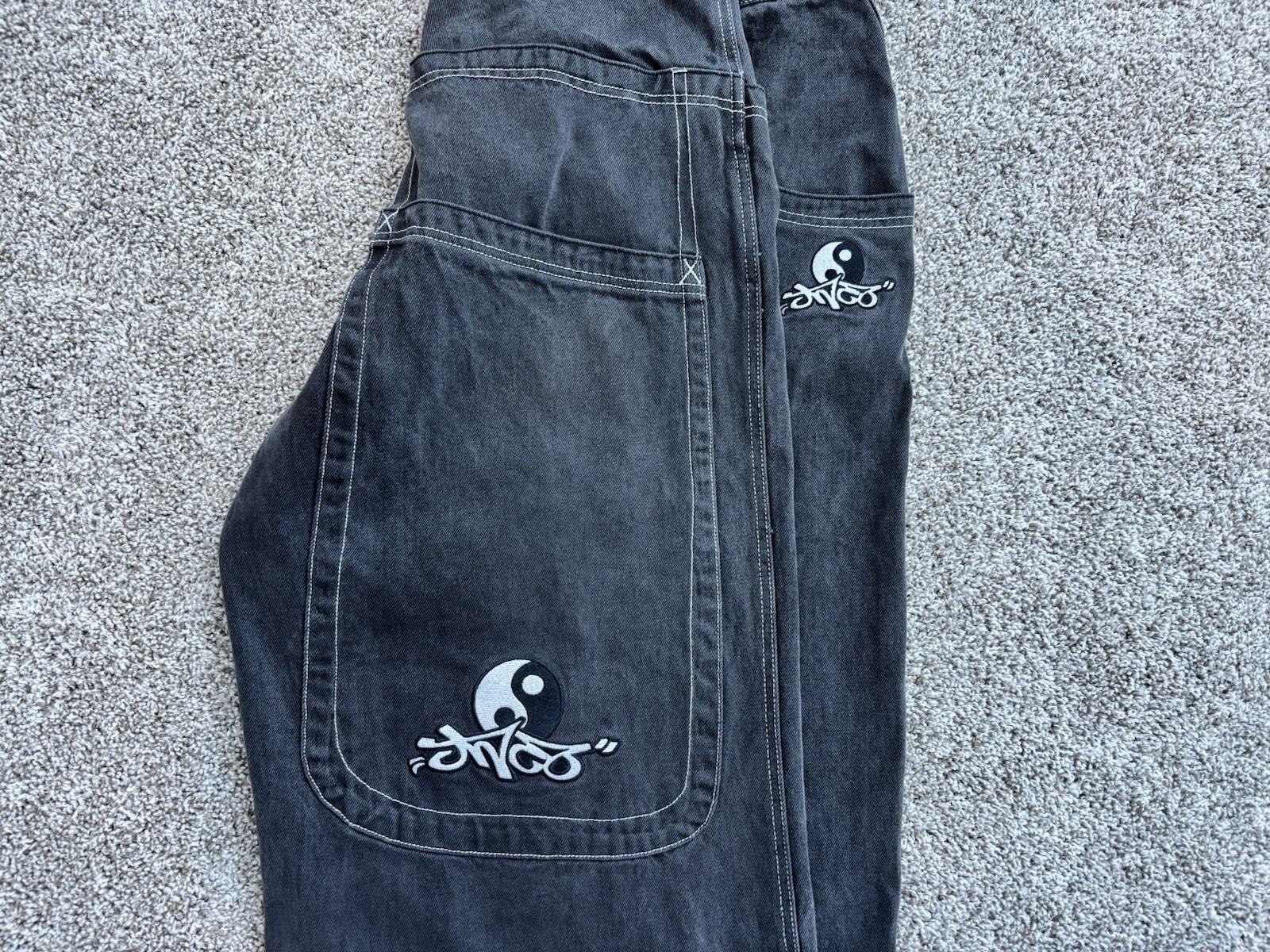 JNCO Men’s Gray Wide-Leg Denim Jeans Relaxed Fit Mid Rise Logo 5-Pocket