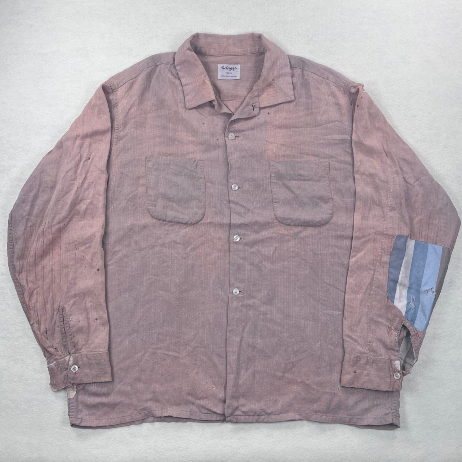 Vintage 50s 60s Wings Mauve Wavy Rayon Gab? Stripe Button Up Shirt XL Patched
