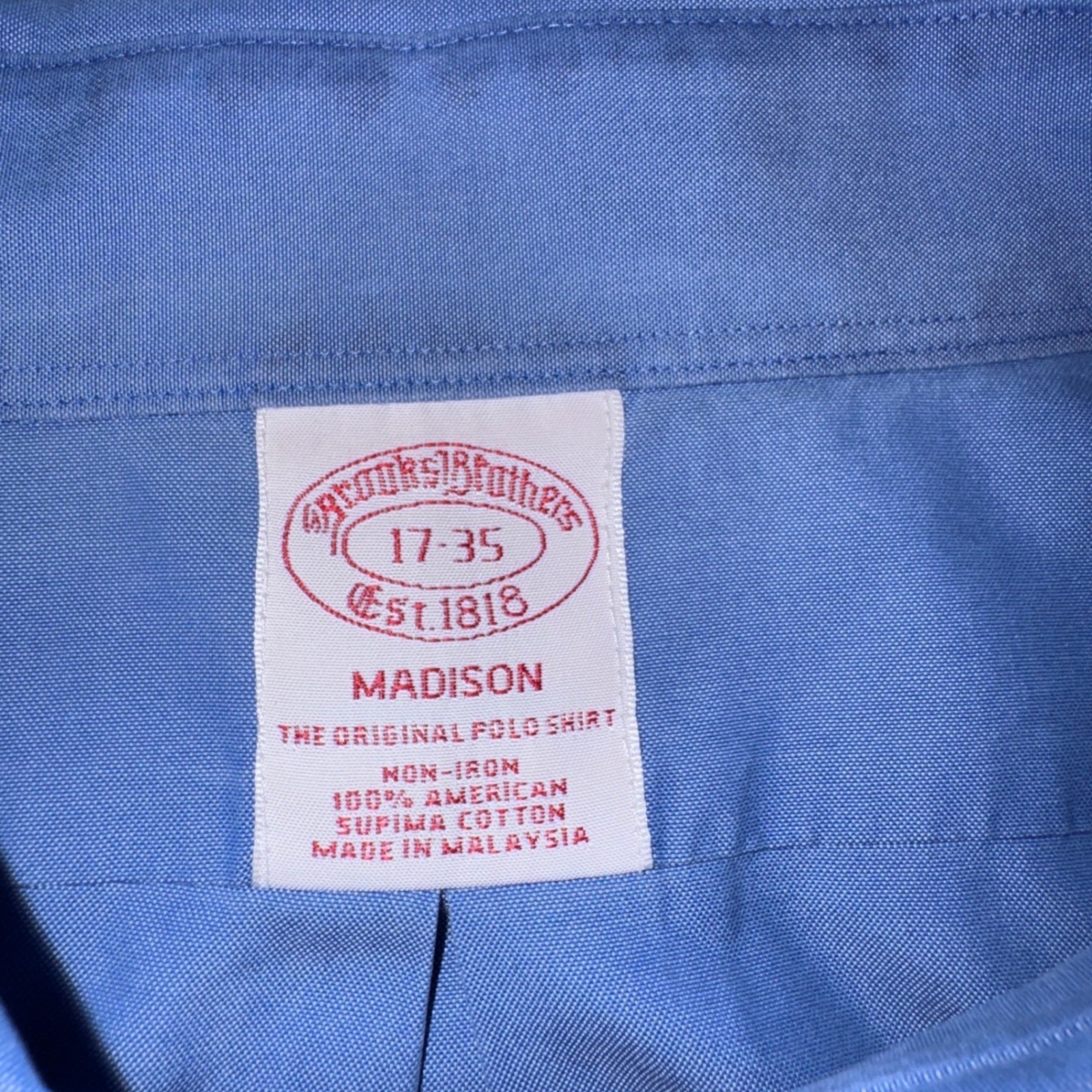 Vintage Brooks Brothers 17/35 Madison Dress Shirt Mens Blue Supima Cotton