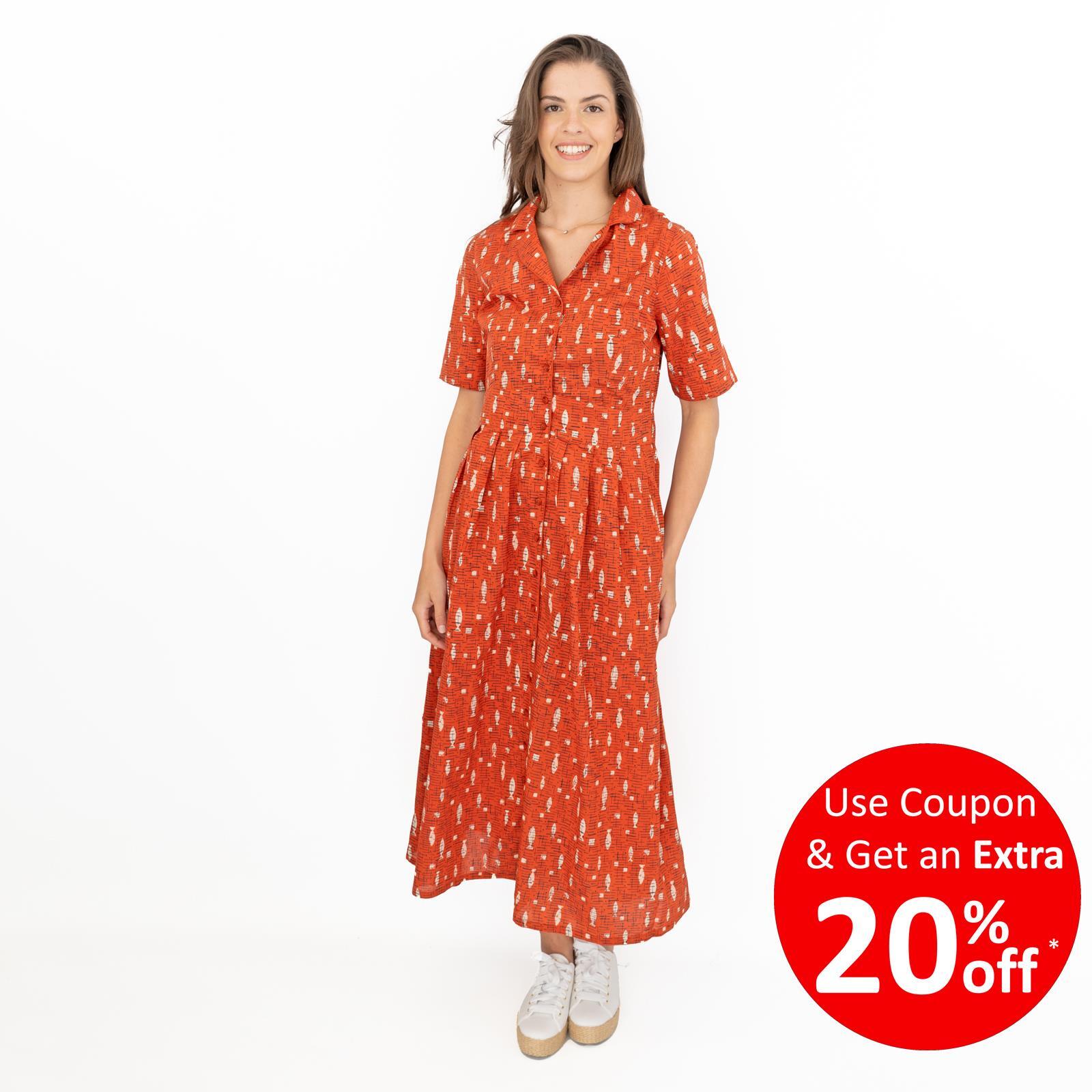Seasalt Womens Dress Charlotte Fish Orange Cotton Midi Fit & Flare Pockets