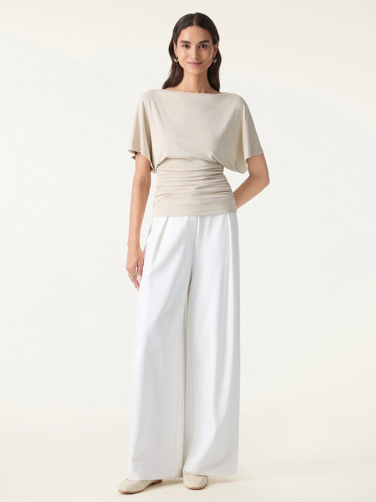OGL Effortless Boatneck Batwing Sleeve Side Ruched Top,Morning Mist, Freeship US