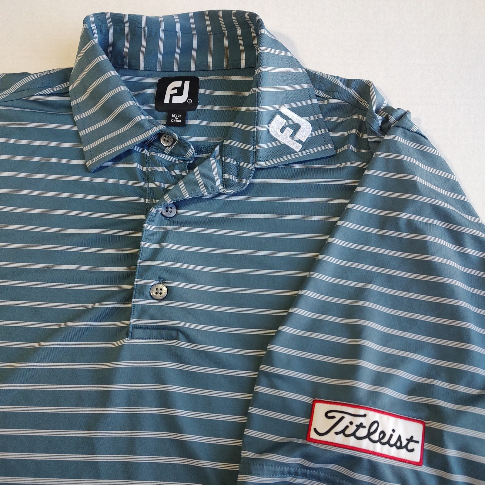 Footjoy Titleist Tour Golf Polo Shirt Mens L Blue Stripe Performance Stretch