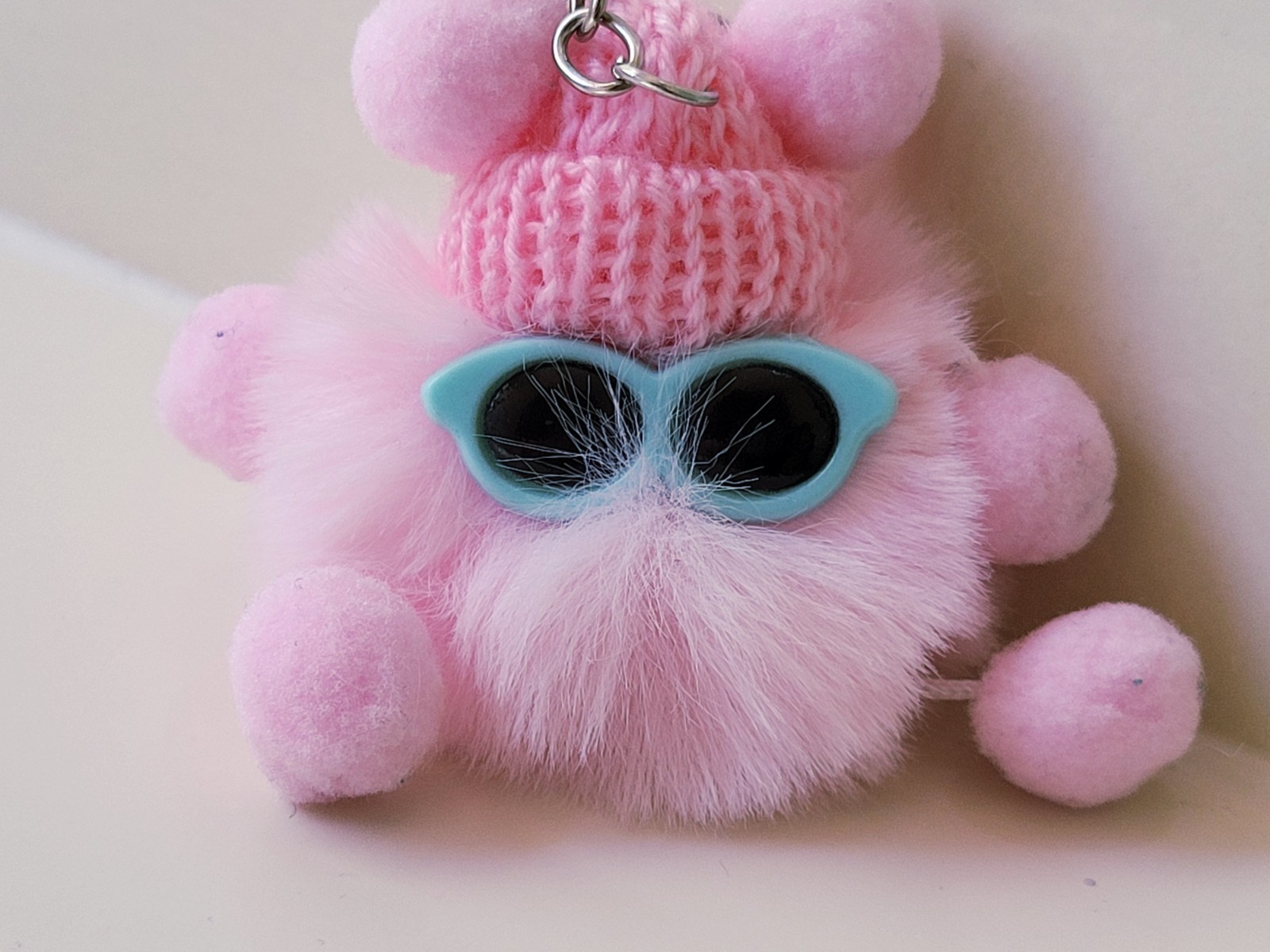 Cute Fluffy Pink Pom Pom Keychain, Sunnies & Knit Hat Accessories