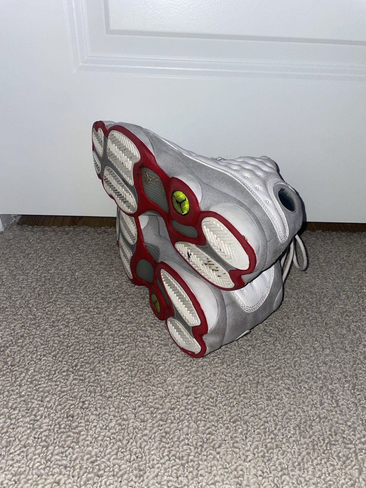 Jordan Air Jordan 13 Mid Top Leather Lace-Up Basketball Sneakers White Gray Red