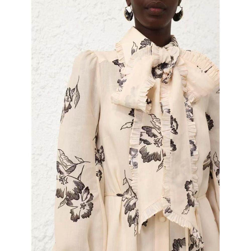 Zimmermann New Print Ruffle Collar Tie Neck Midi Dress Elegant Women