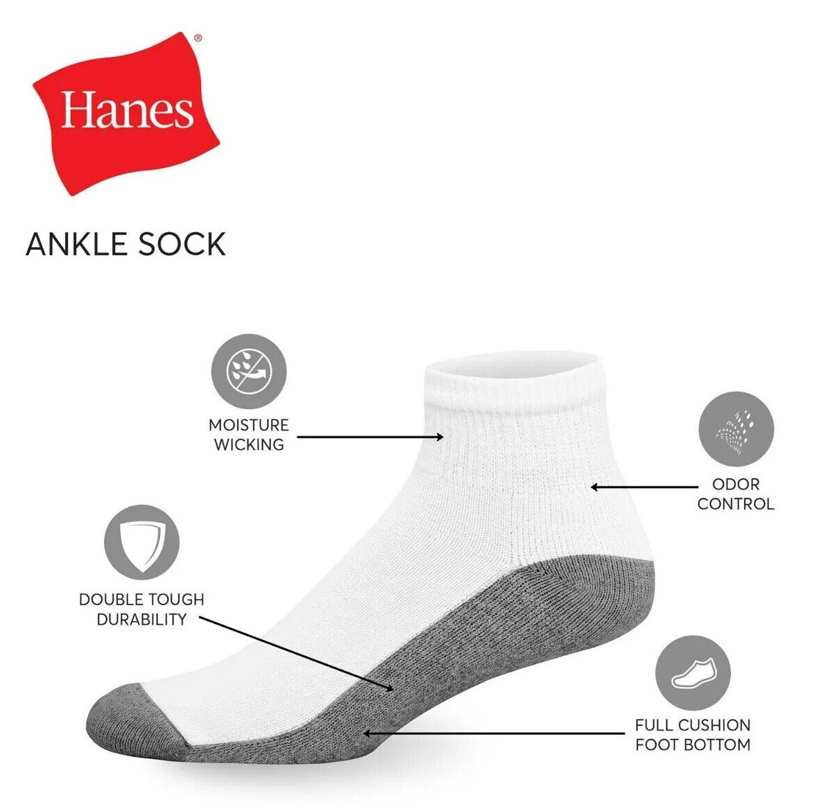 Hanes Men’s Cushion Ankle Socks, Size 6-12, 6-Pack, Black White