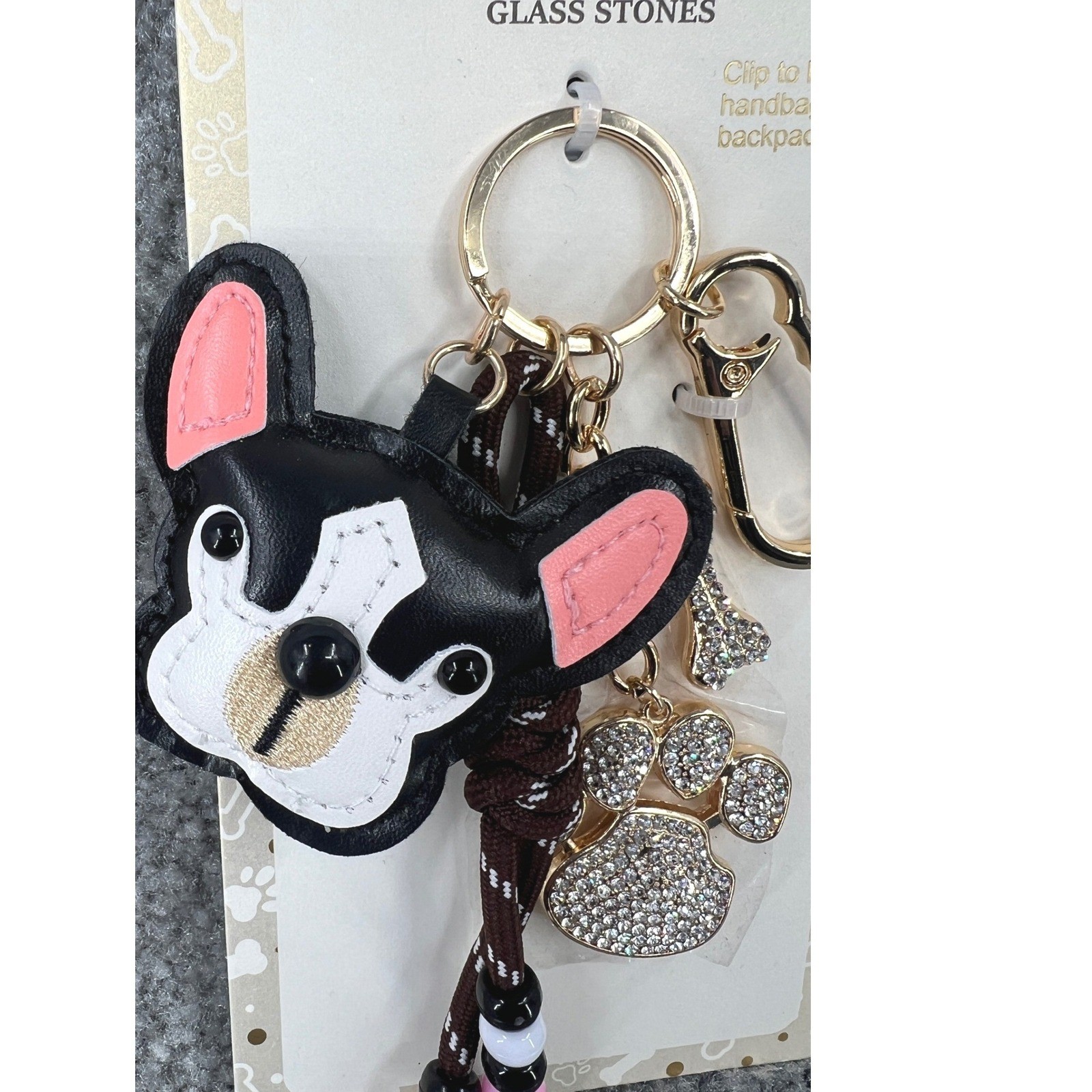 Piper K French Bulldog Bag Charm Keychain Black Gold Glass Stones Bling NEW