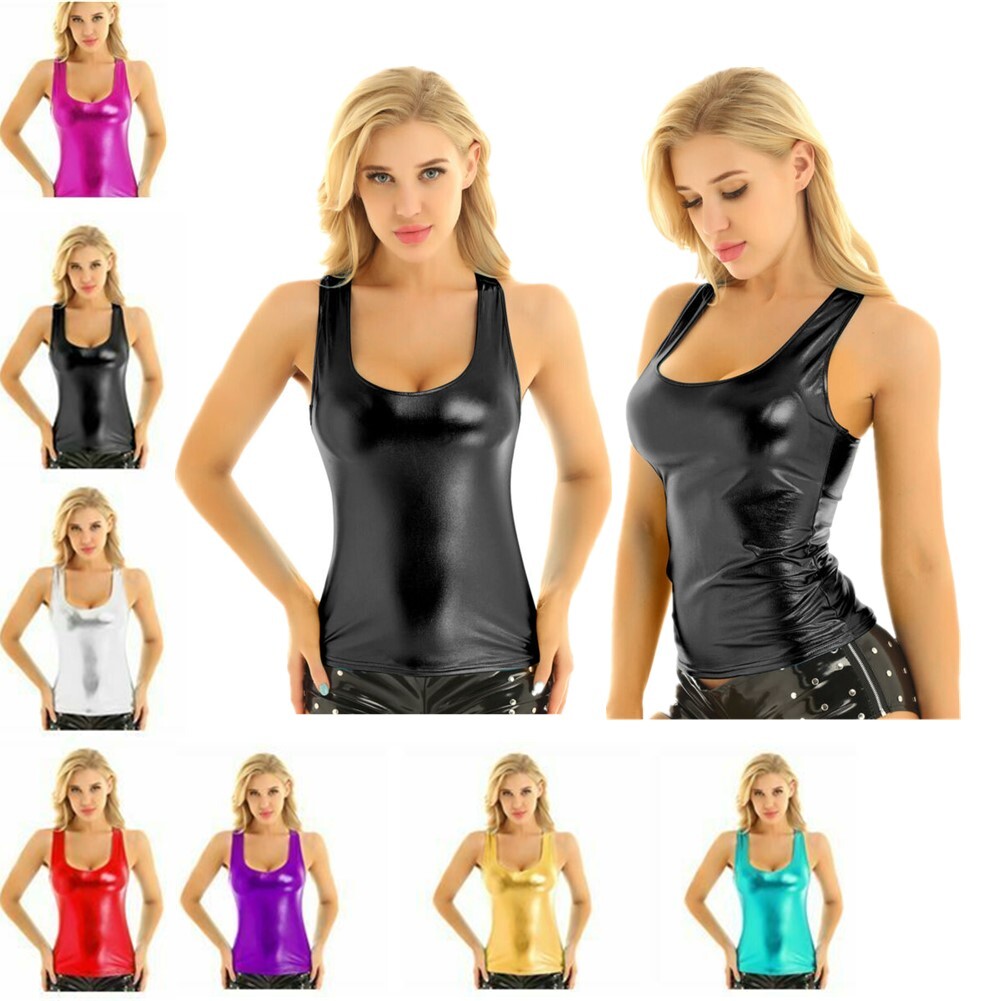 US Daenrui Woman Shiny Wet Look Tank Top Camisole Slim Fit Racerback Top Vest