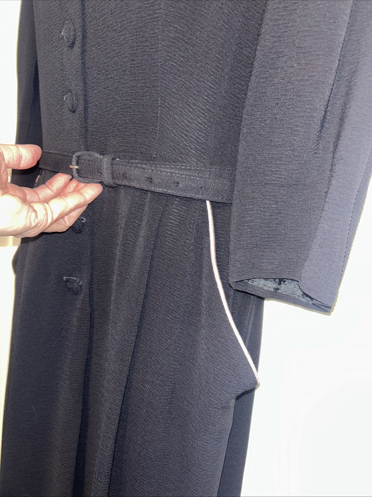 Vintage 50s 60s Belted Dress Black w/ Pink Piping Rhinestones Retro Rockabilly