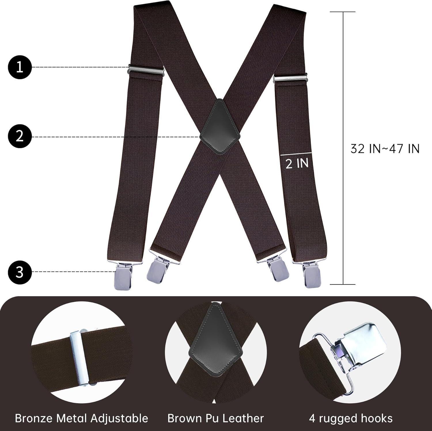 CADONO Men’S 2 Inch Heavy Duty Suspenders，Adjustable X-Back with Strong Clips fo