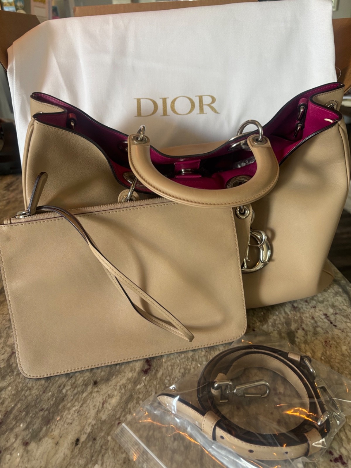 Authentic CHRISTIAN DIOR Diormissimo Tote Beige Taupe Fuchsia Interior