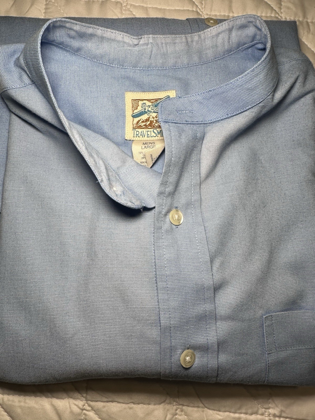 TravelSmith Regular Fit Blue Solid Poly/Cotton Band Collar Dress Shirt L