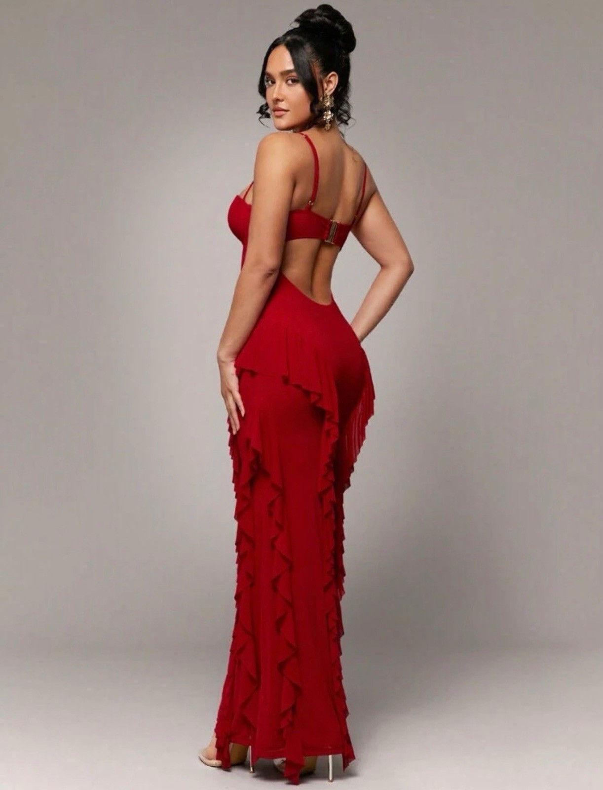 Red Bodycon Maxi Dress Sweetheart Neck Strappy Open Back Ruffle Size L Formal