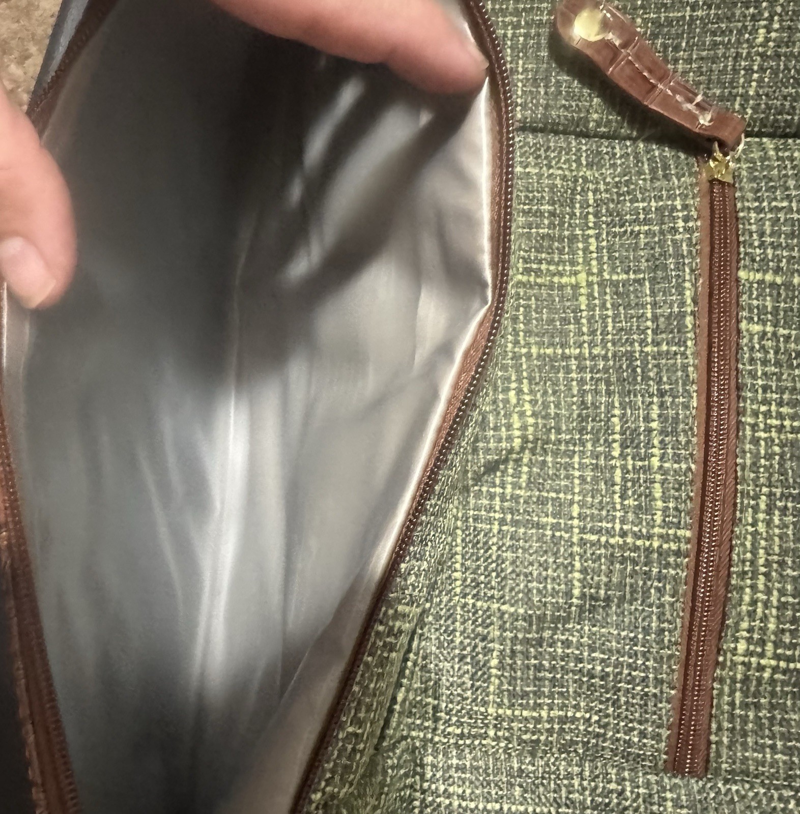 Samantha Brown Green Tweed Satchel Top Handle, Zip, Detachable Strap