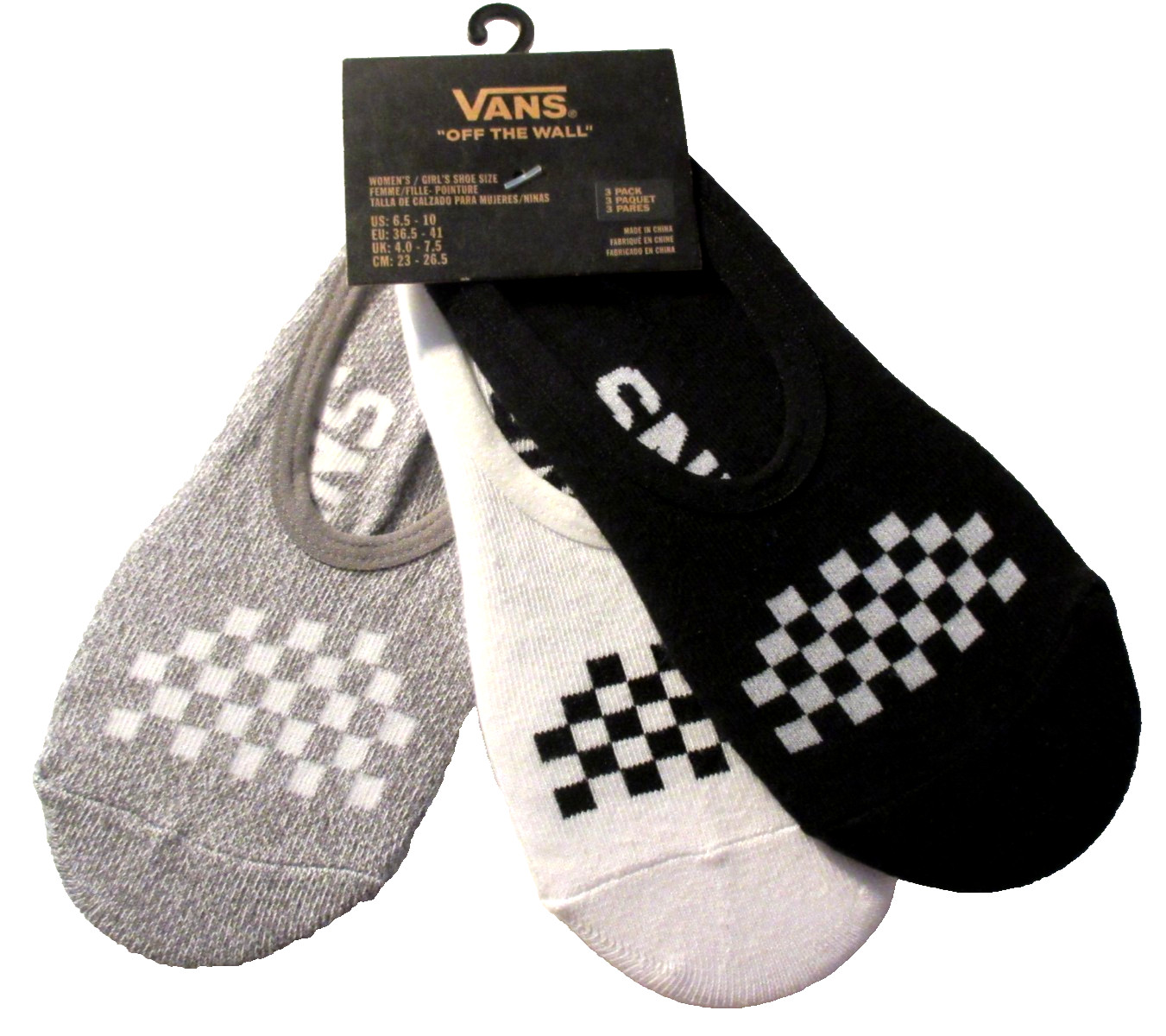 Vans Women’s 3 pack No Show socks Checkerboard Black White Grey Size 6.5-10 NWT