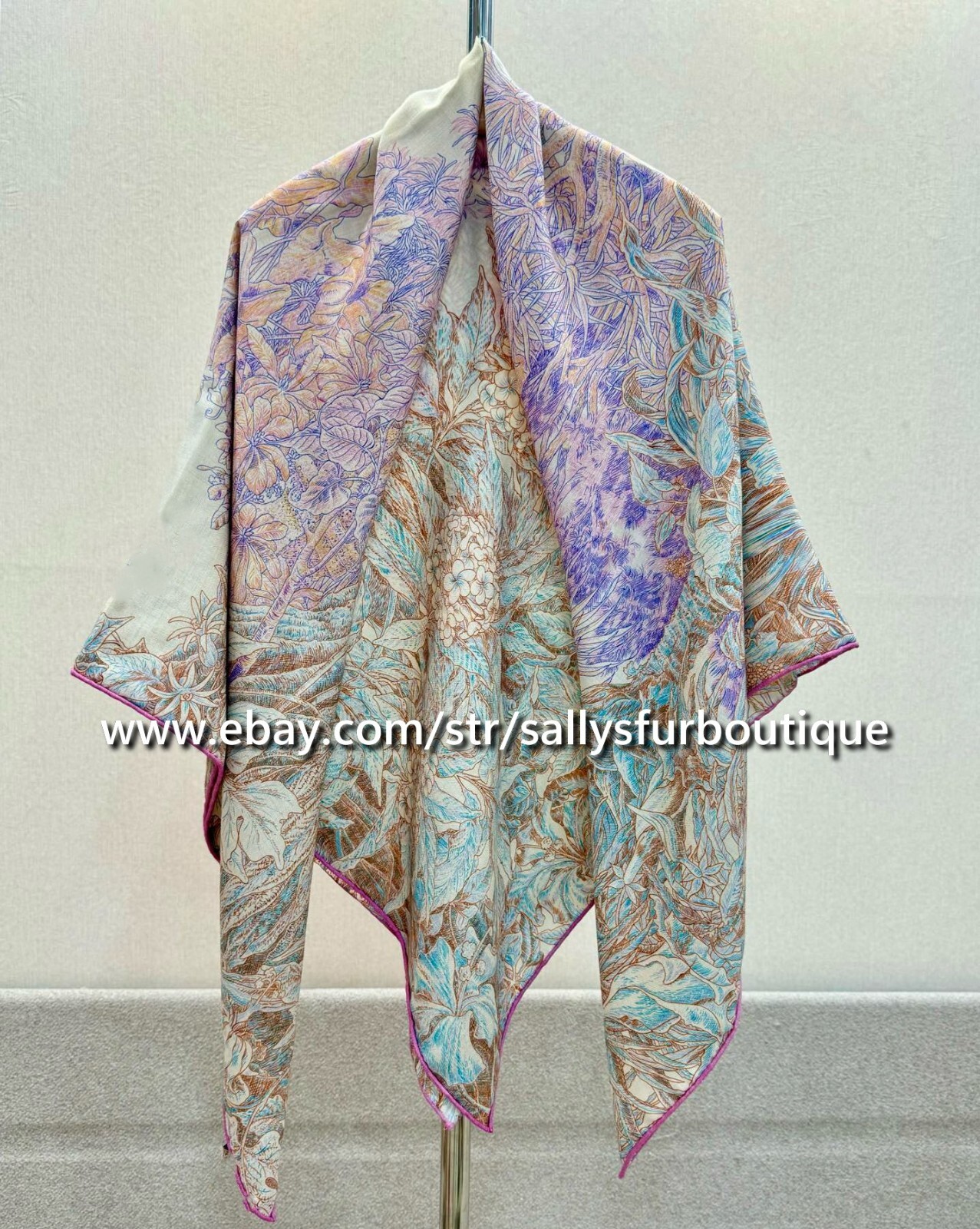 Sallys 70% Cashmere & 30% Silk Wrap Scarf Garden Print Double Face Shawl 53″