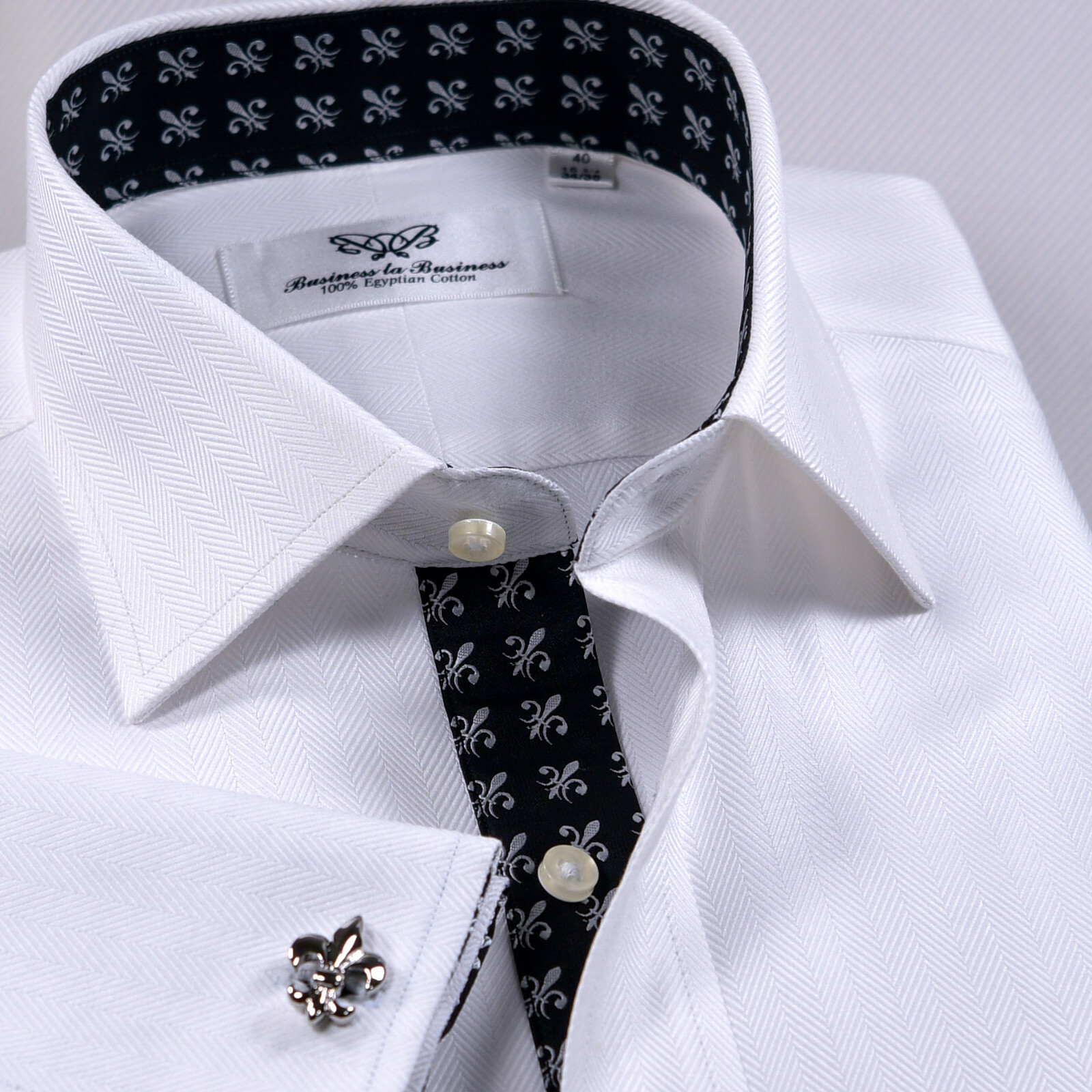 Black Italian Fleur-De-Lis White Heiingbone Twill Men’s Dress Shirt Sexy Floral