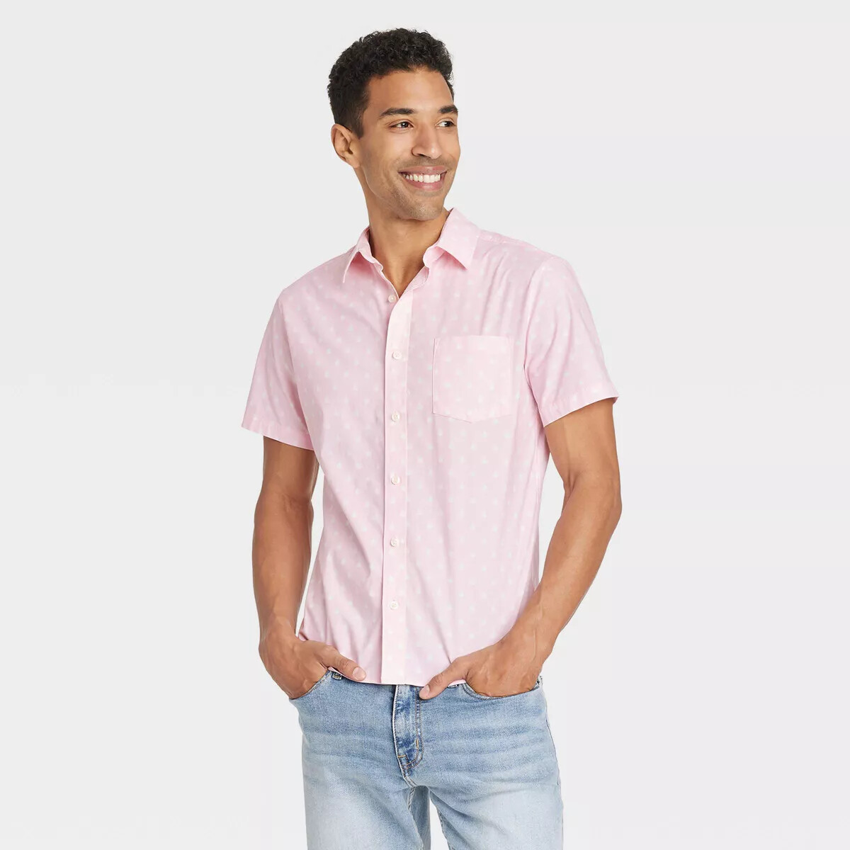 Goodfellow & Co Men’s Print Pink Geo Short Sleeve Button-Down Shirt Size L Slim