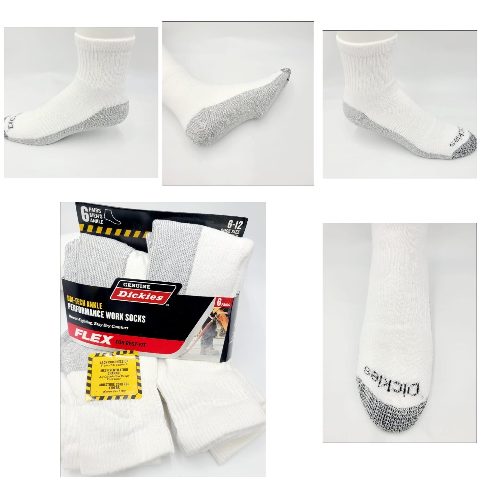 Dickies Men’s Dri-tech Moisture Control Ankle Socks 6 Pairs Size 6-12 White/Gray