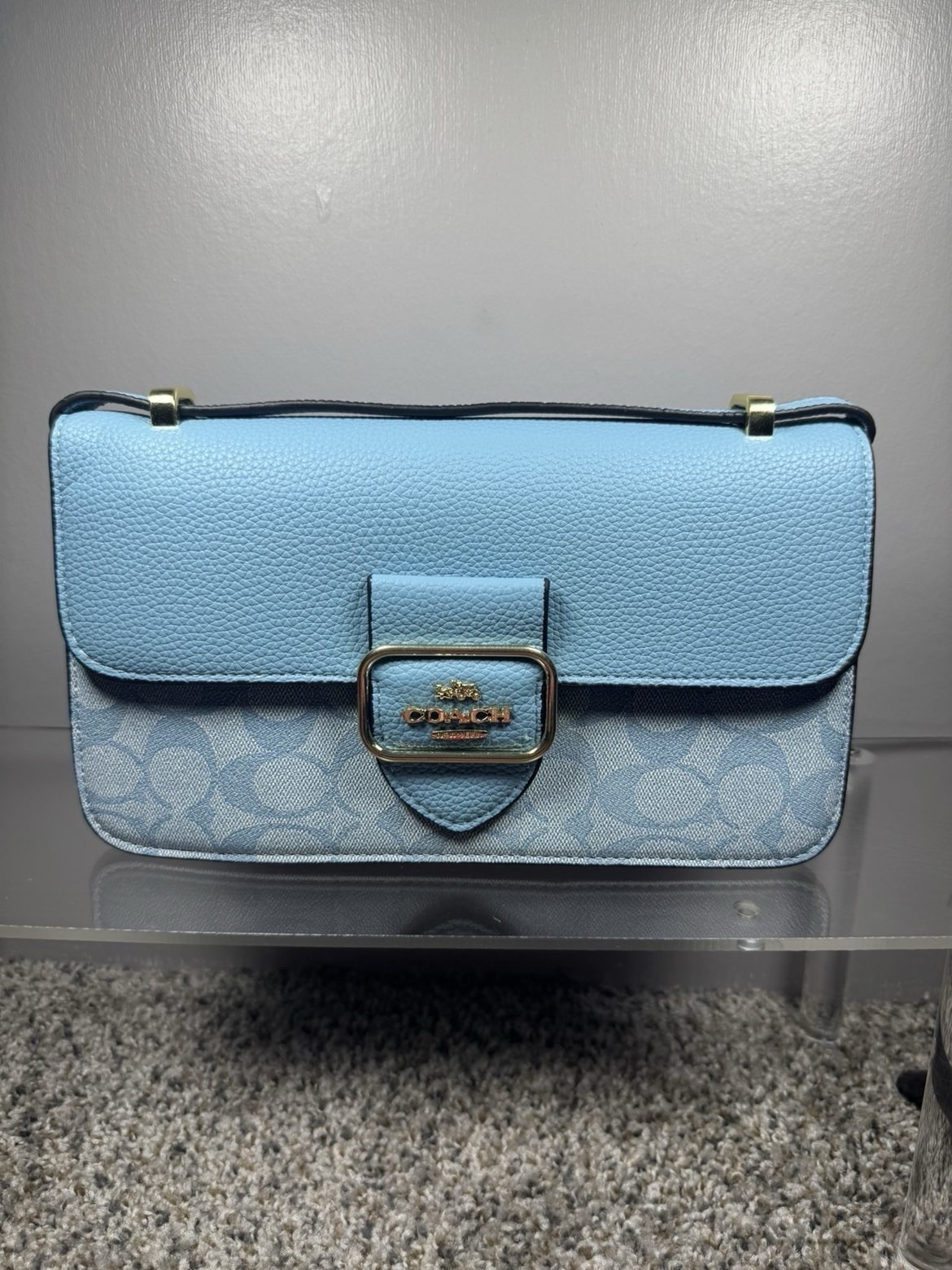 Coach Signature Logo Light Blue Crossbody Bag Magnetic Closure Detachable Strap