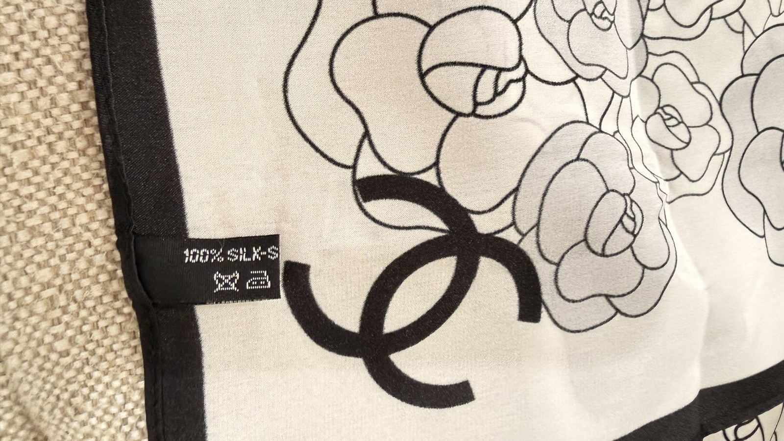 Chanel Camellia CC Logo Silk Scarf Square Black White Gray Floral