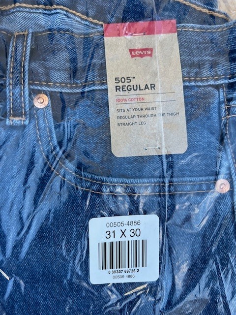 Levi Men’s 505 31W X 30L Regular Fit Jeans, Dark Stonewash, NEW SEALED !