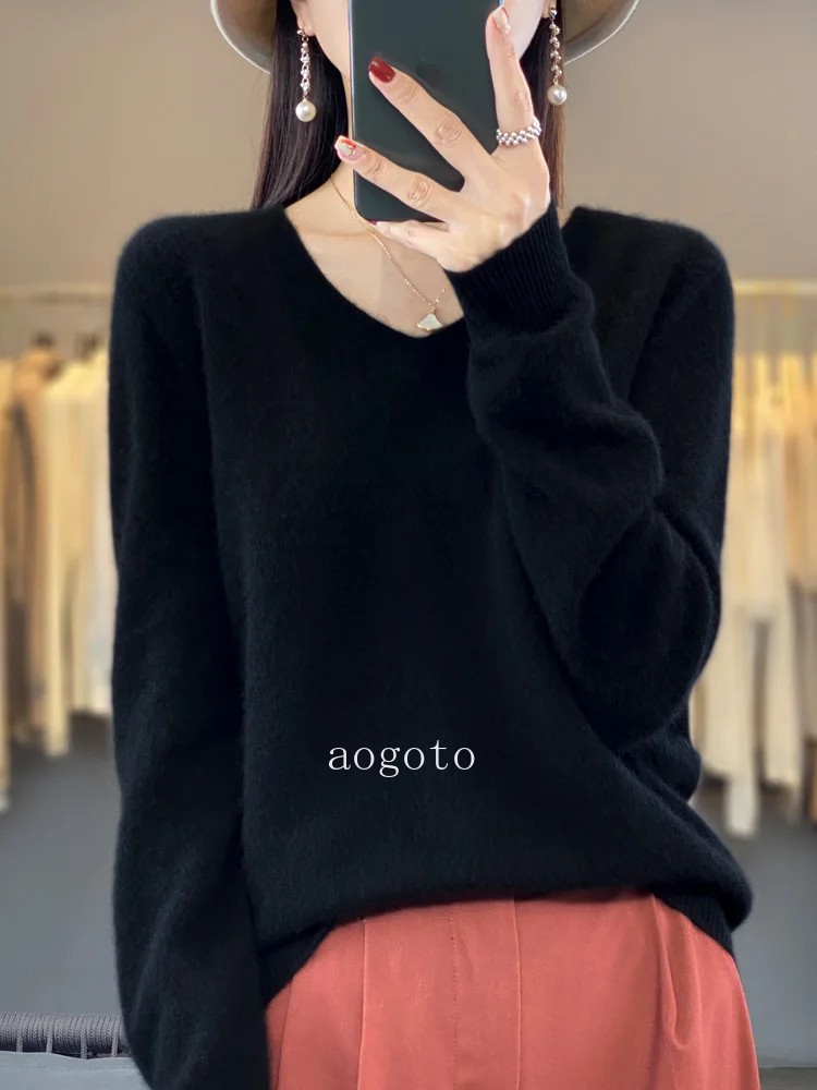 Women’s V-neck Pullover Sweater Knitwear Soft Warm Cashmere Loose Grace Style