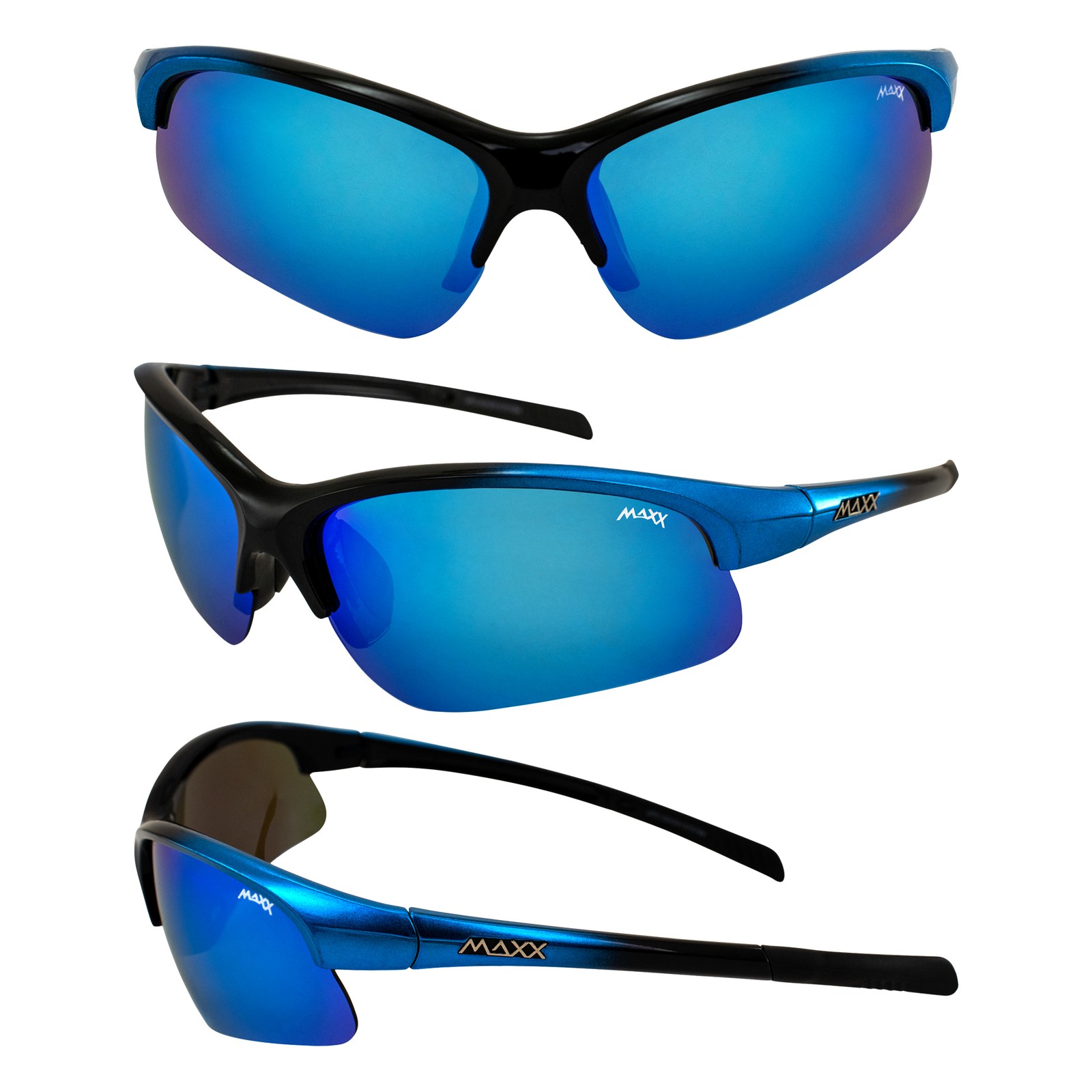 Maxx Domain Sport Golf Sunglasses Black and Blue with Polarized Blue Mirror Lens