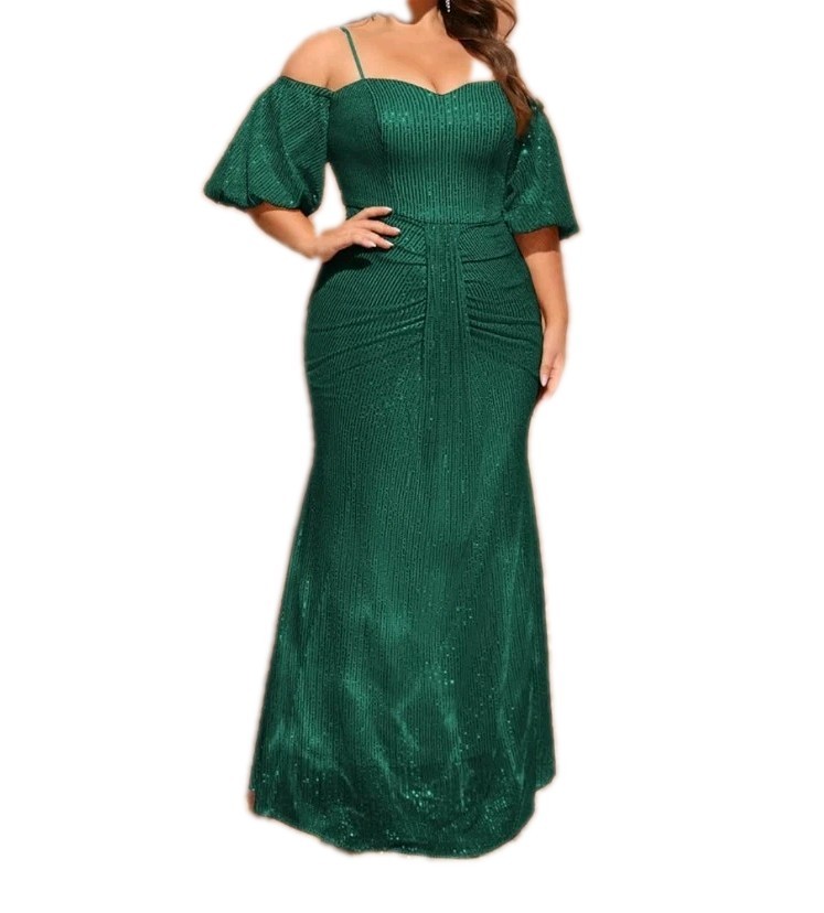 Women’s 4xl – Plus Size Off The Shoulder Puff Sleeve Dress With Sequin/ Dark Grn