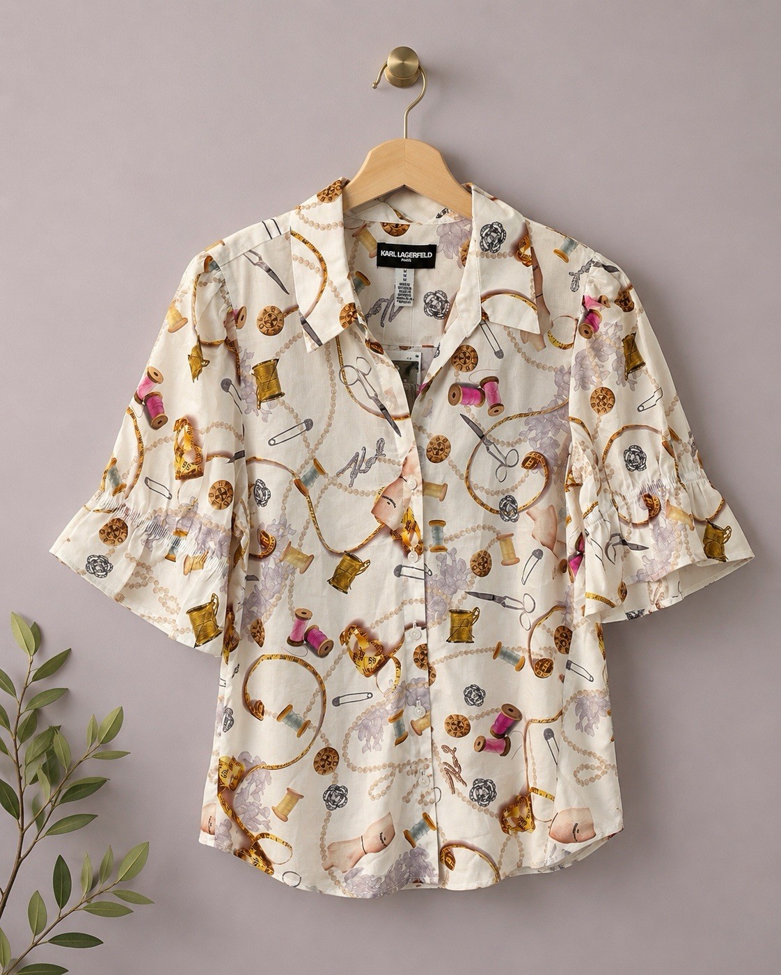 NWT Karl Lagerfeld Paris 100% Cotton Sewing Print Ruffle Sleeve Blouse Size M