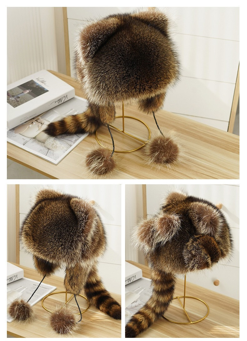 1pcs Adult Real Raccoon Fur Hat Trapper Hat Russian Hat Ushanka Ski Hunter Hat