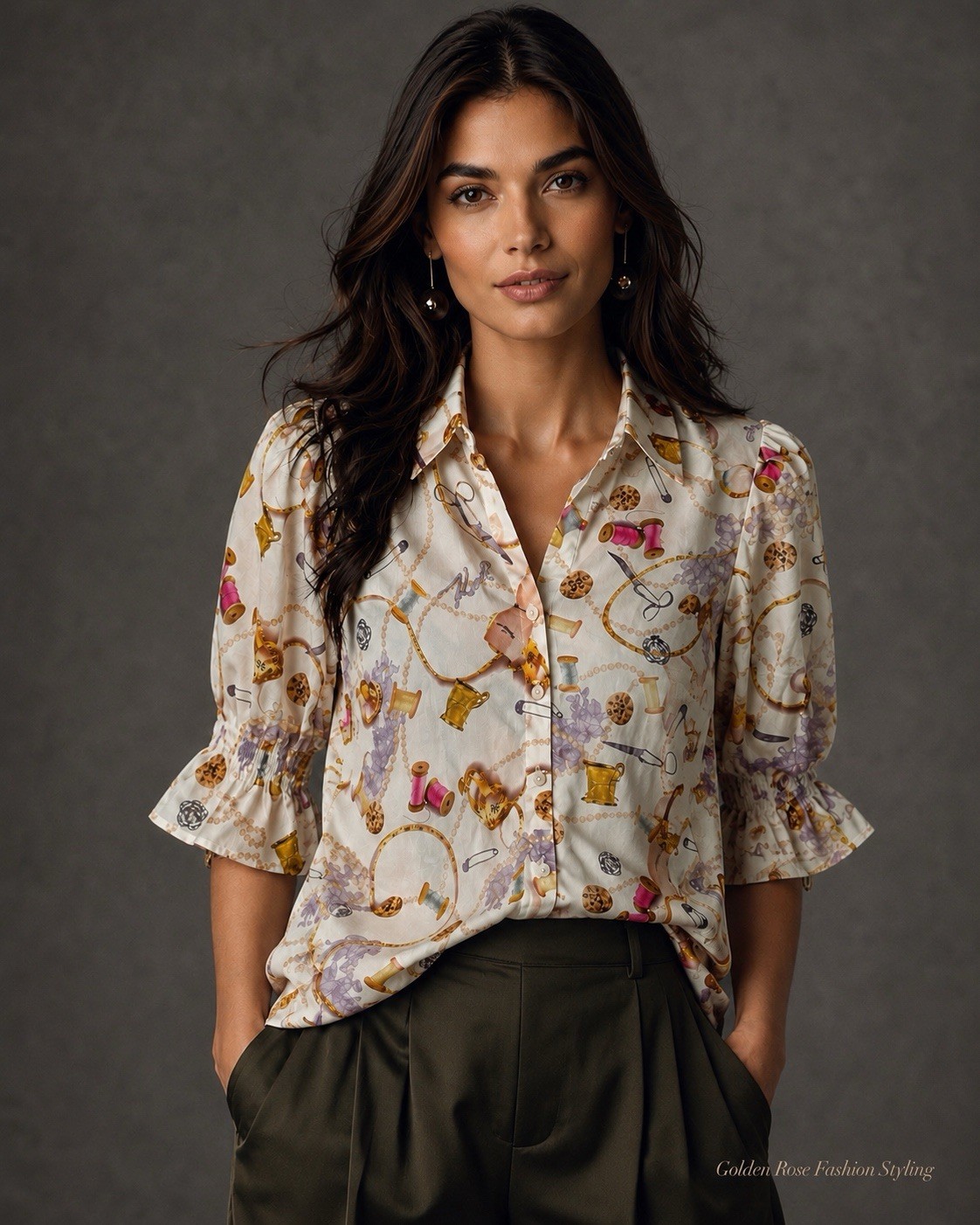 NWT Karl Lagerfeld Paris 100% Cotton Sewing Print Ruffle Sleeve Blouse Size M